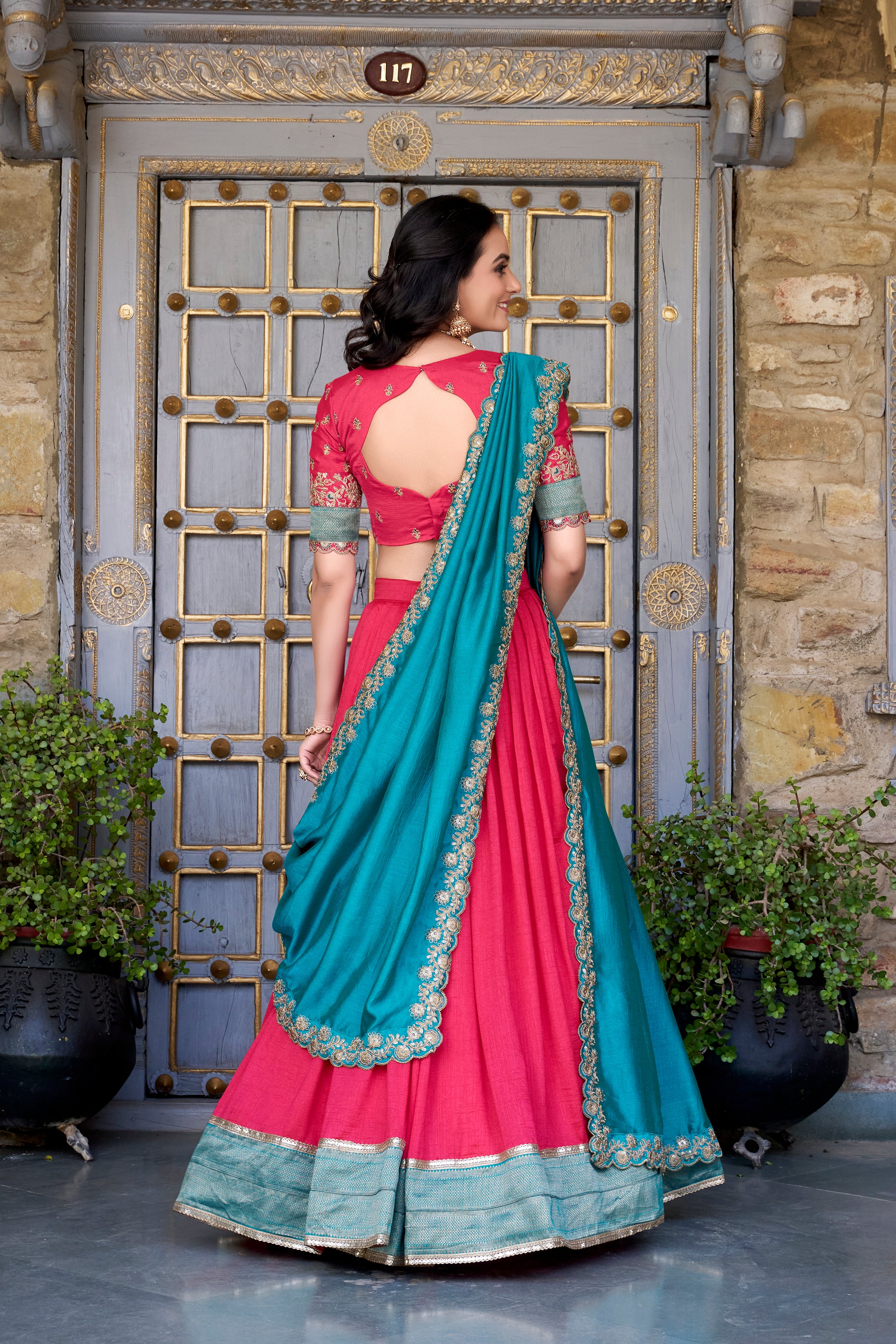 Vichitra Silk Thread Embroidered Lehenga With Dupatta