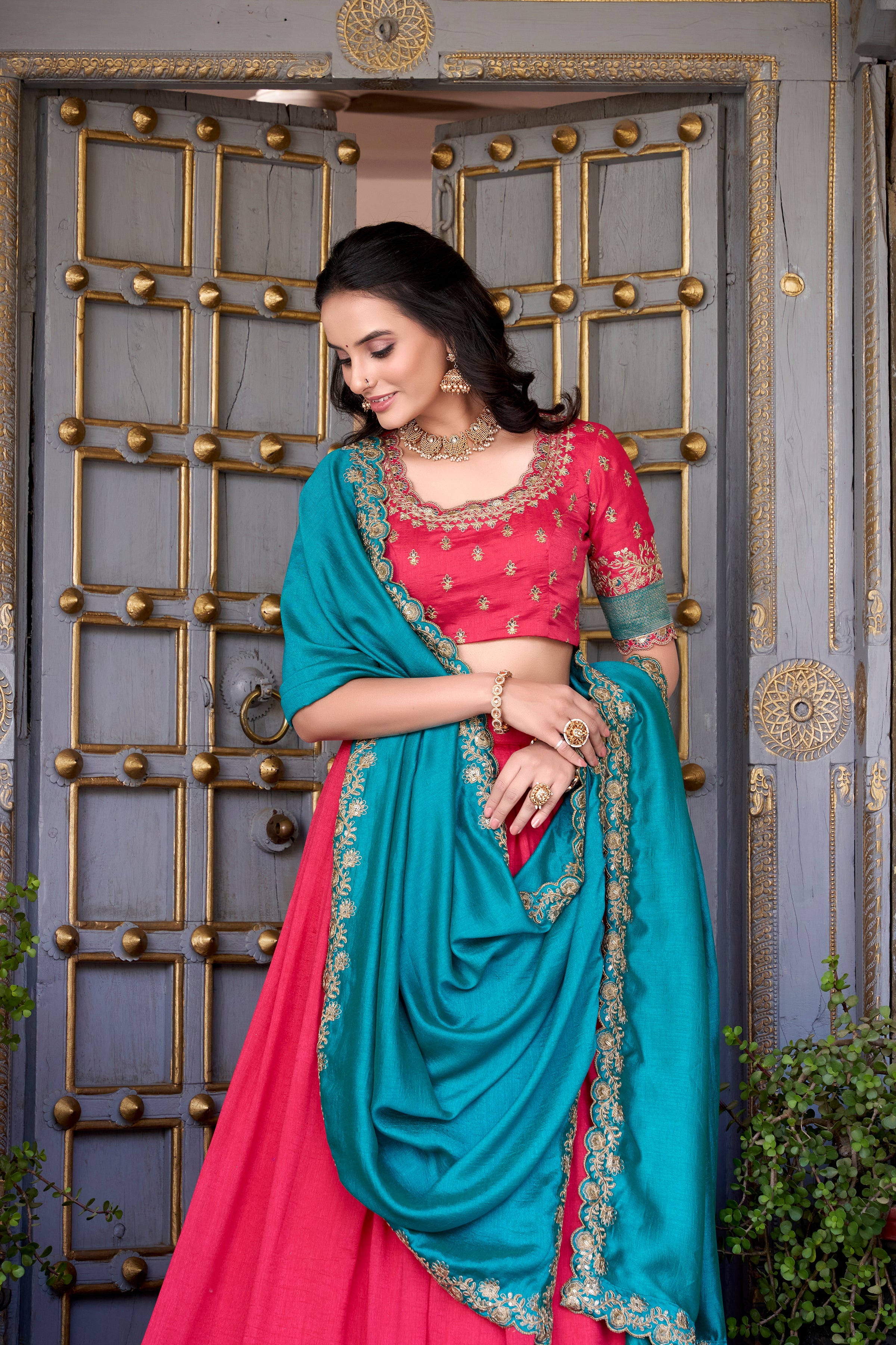 Vichitra Silk Thread Embroidered Lehenga With Dupatta