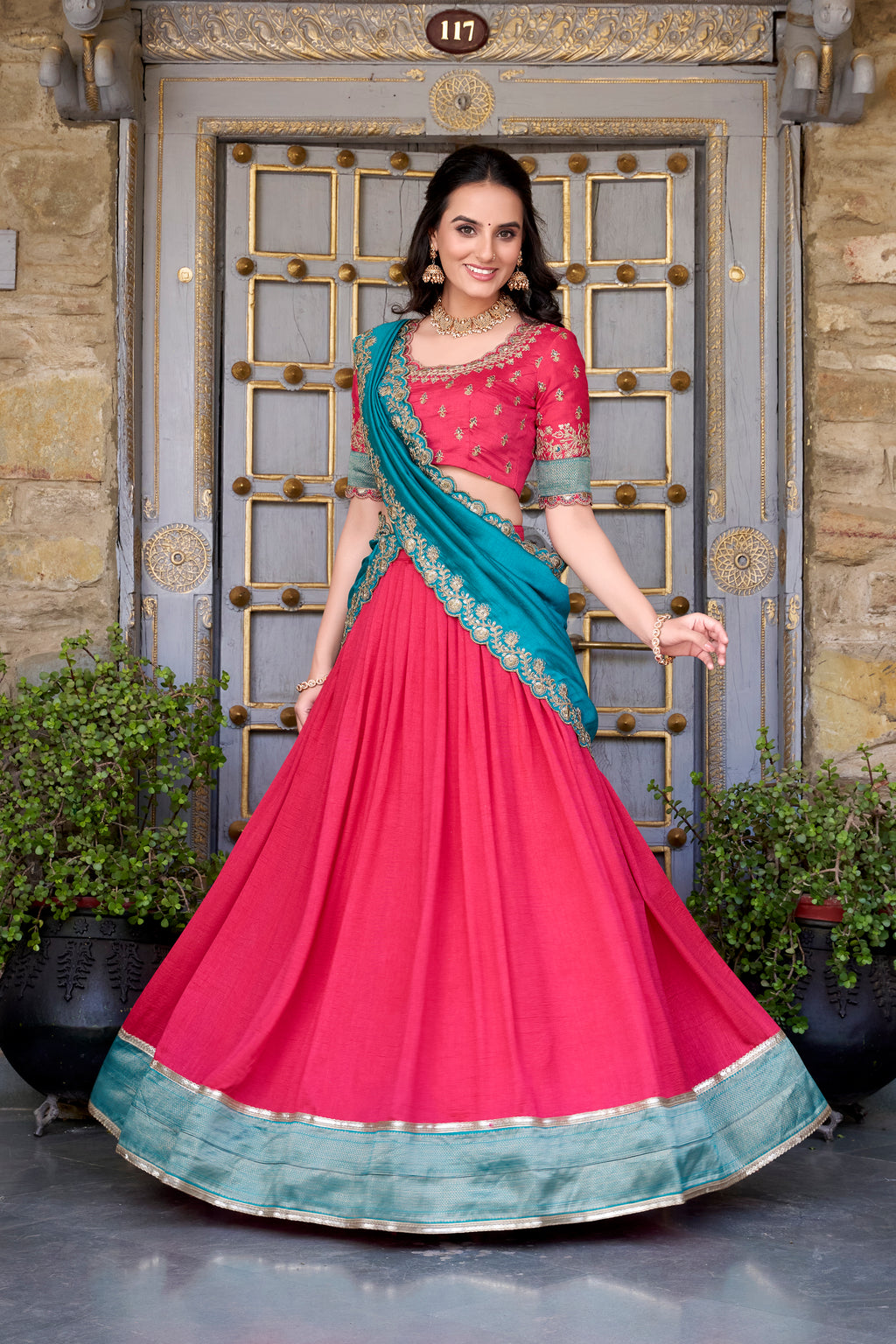 Vichitra Silk Thread Embroidered Lehenga With Dupatta