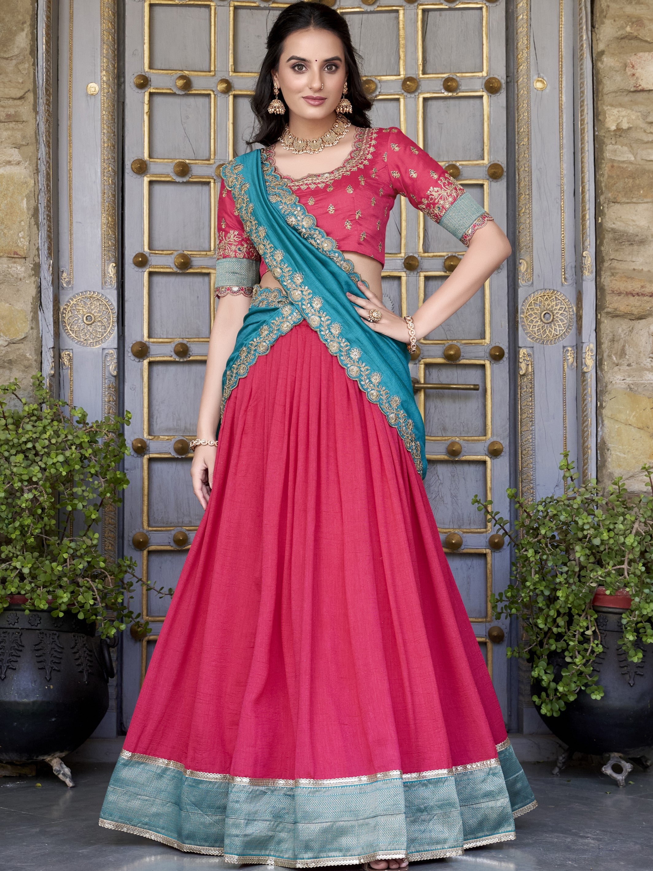 Vichitra Silk Thread Embroidered Lehenga With Dupatta