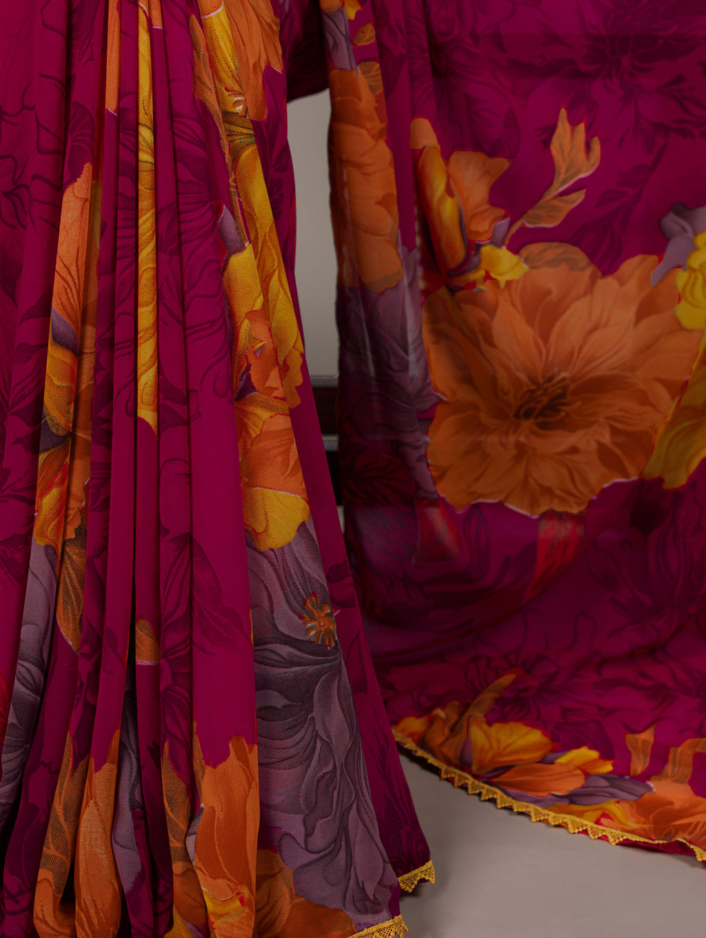 Marble Floral Printed Saree With Lace Border