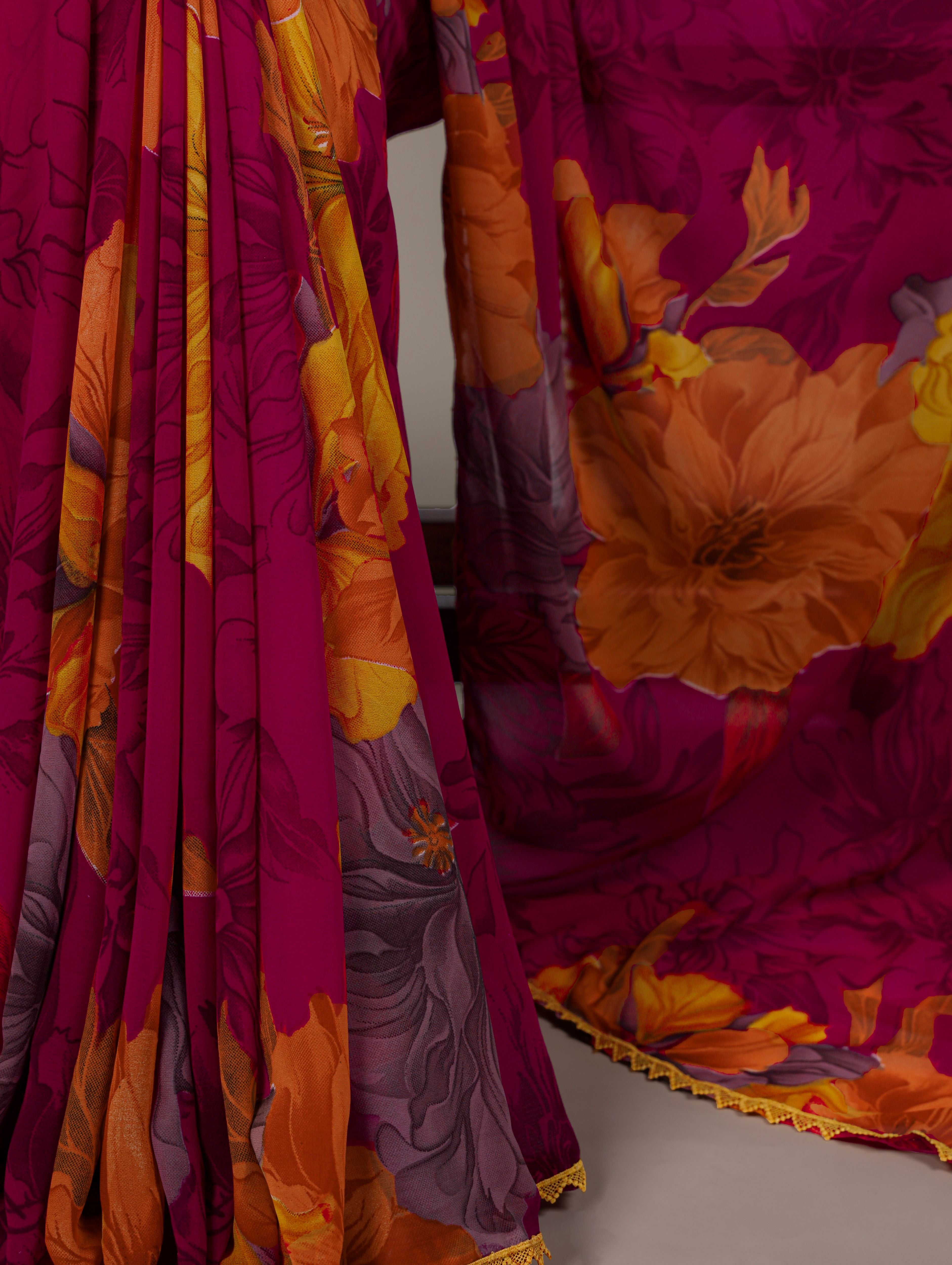 Marble Floral Printed Saree With Lace Border