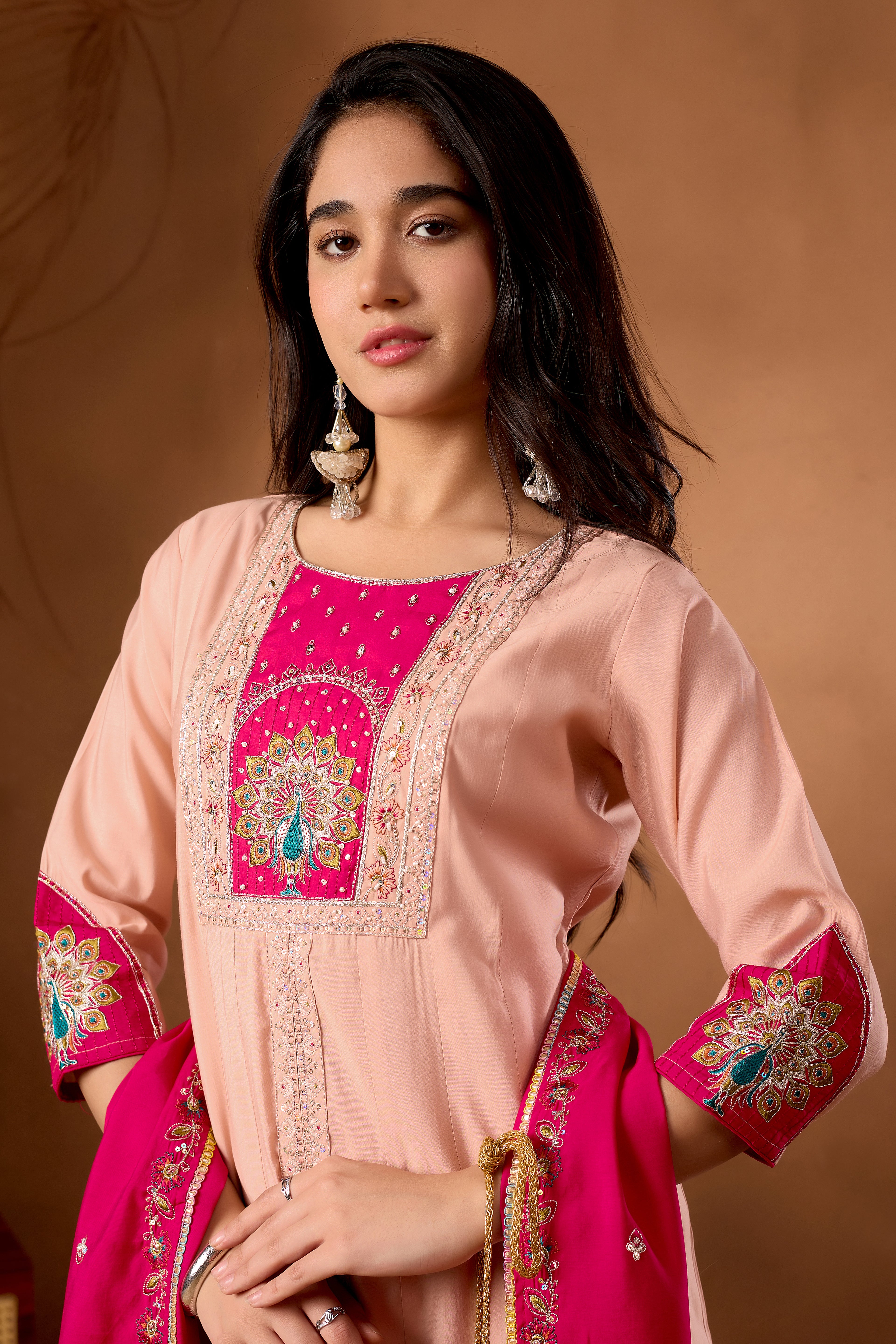 Silk Multi Thread Embroidered Kurti Palazzo With Dupatta