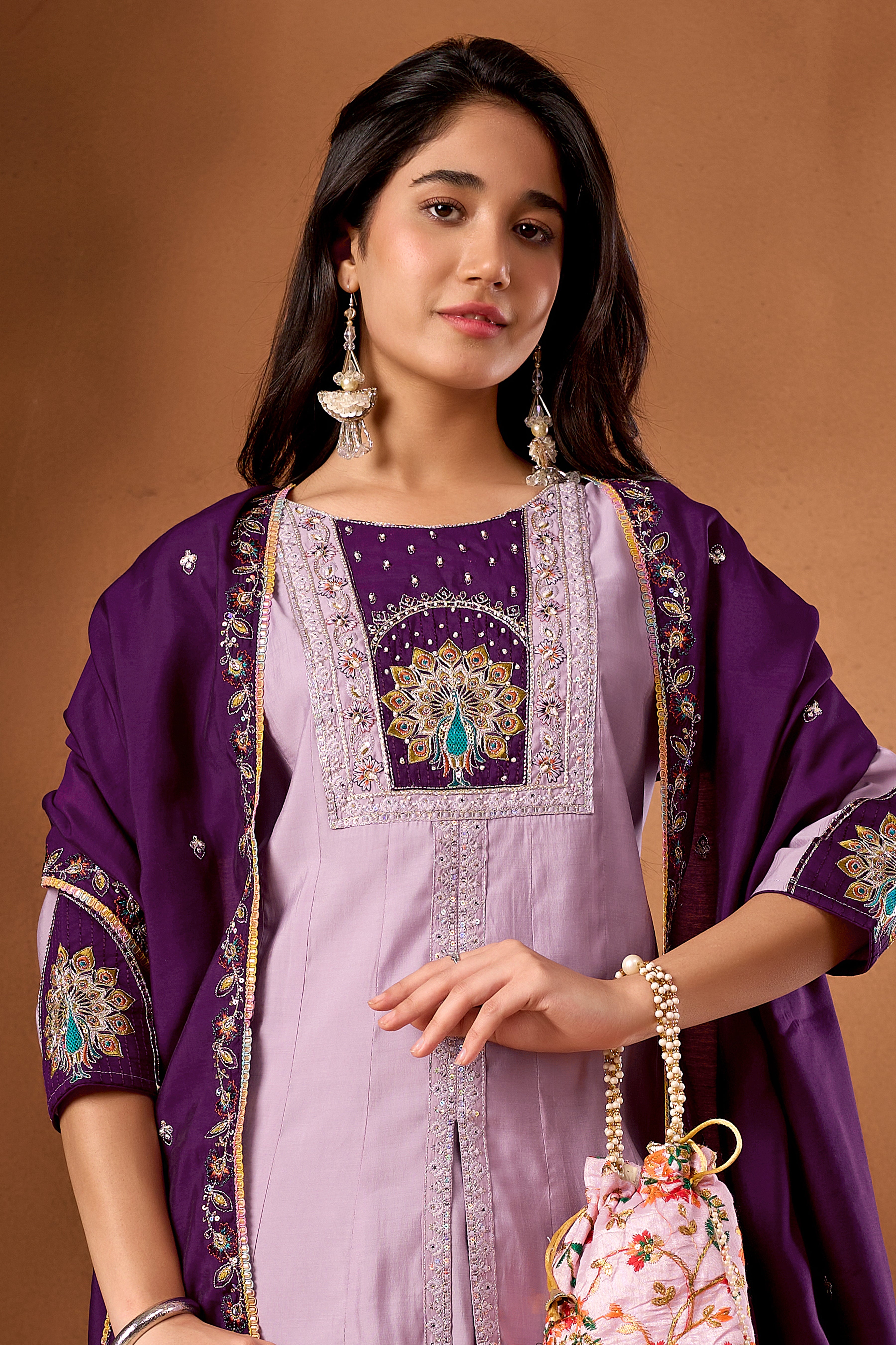 Silk Multi Thread Embroidered Kurti Palazzo With Dupatta