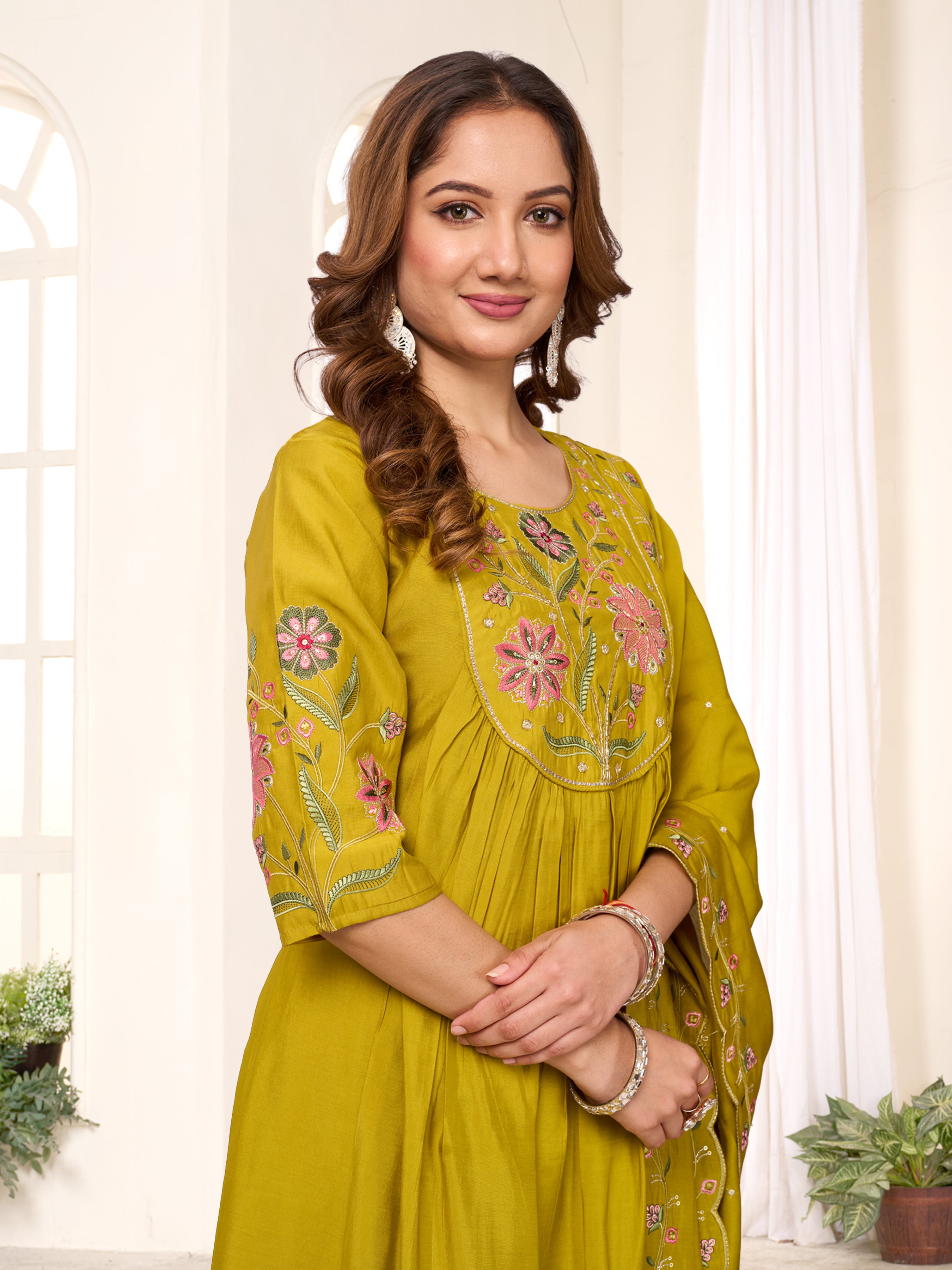 Roman Silk Hand Work Kurti-Pant With Heavy Chanderi Dupatta