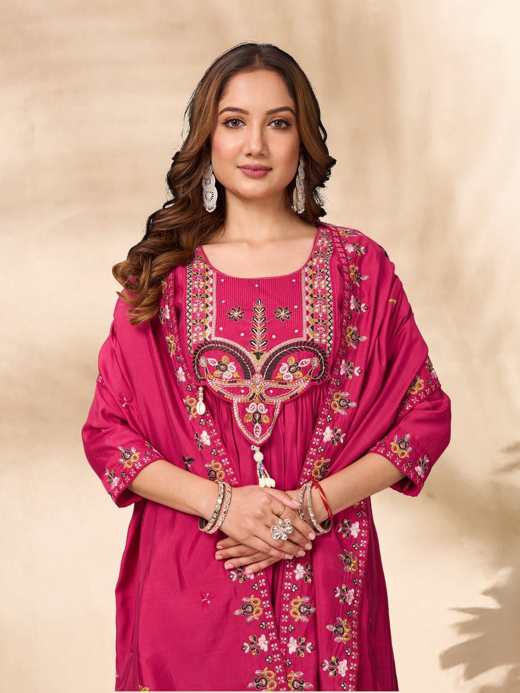 Roman Silk Embroidered Kurti-Pant With Dupatta