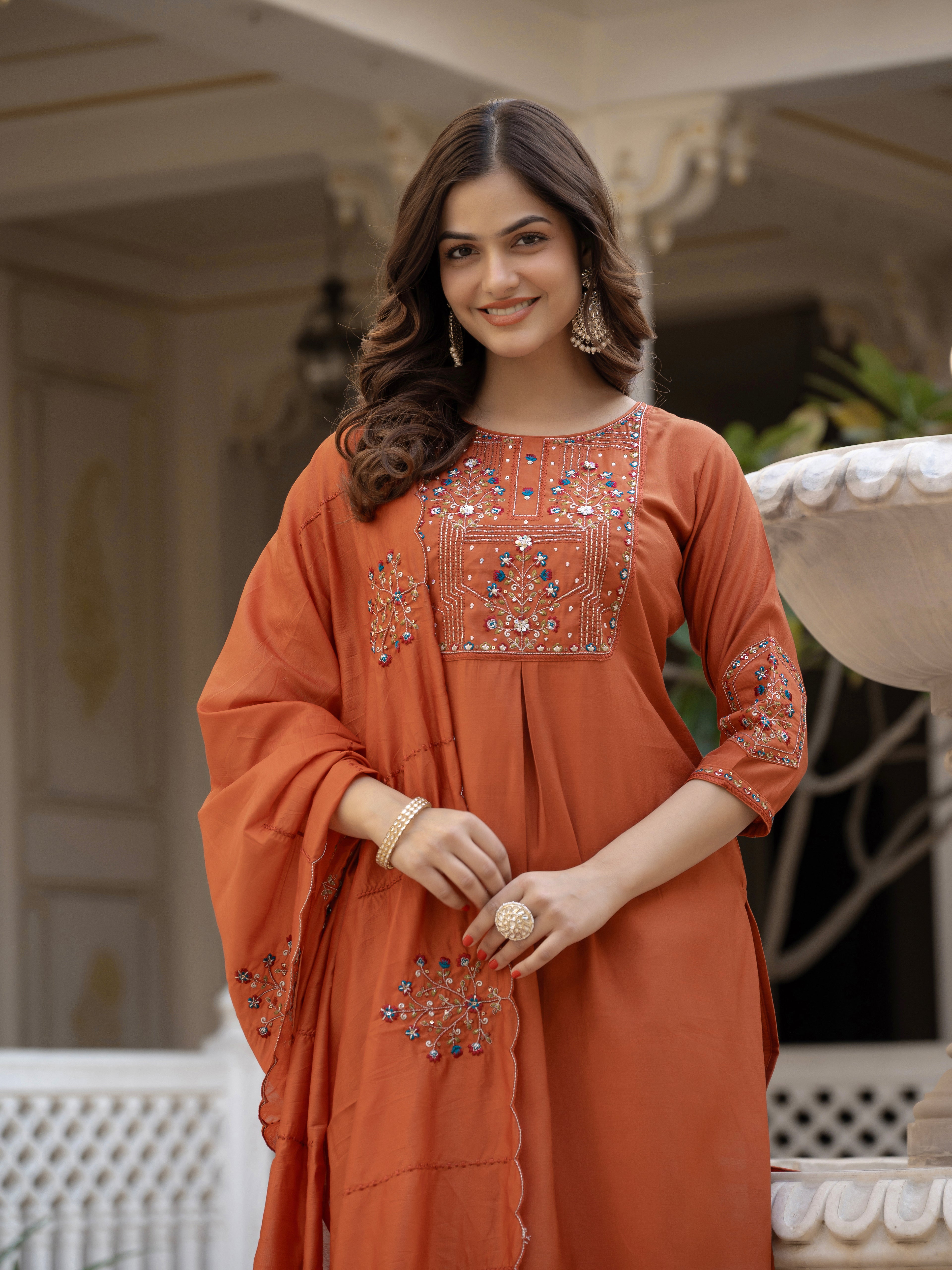Pure Viscose Multi Embroidered kurti-Pant With Dupatta