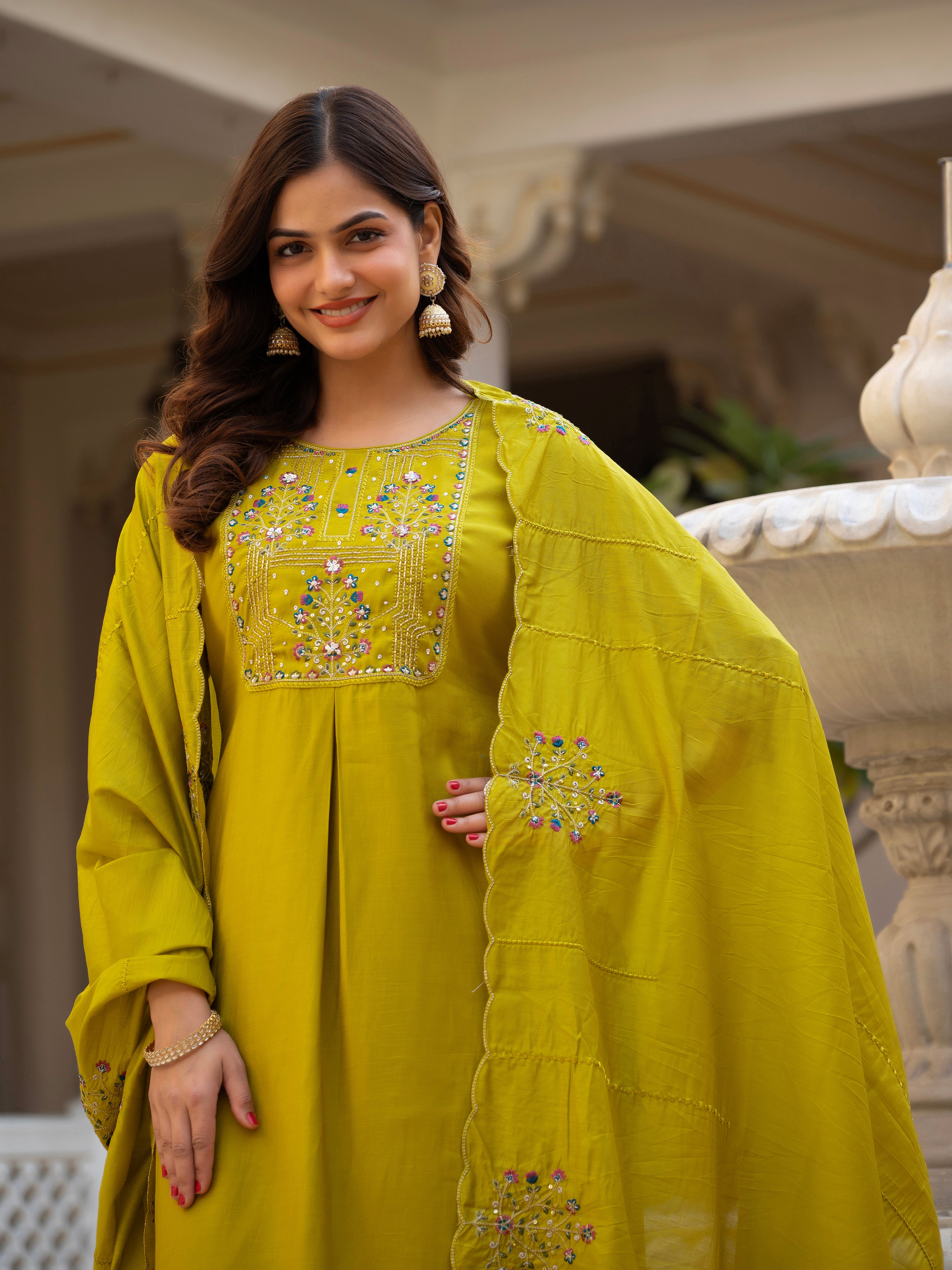 Pure Viscose Multi Embroidered kurti-Pant With Dupatta