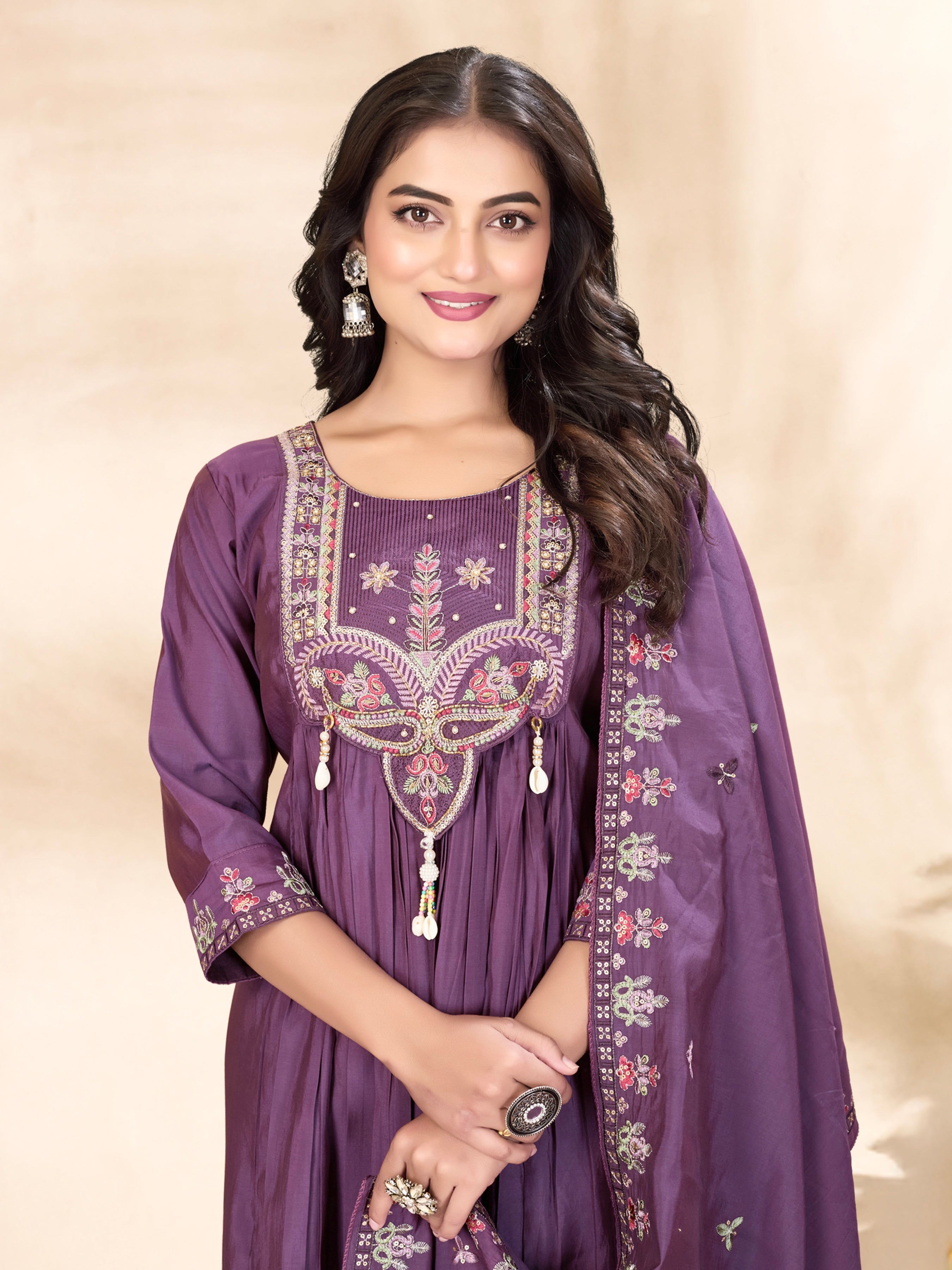 Roman Silk Embroidered Kurti-Pant With Dupatta
