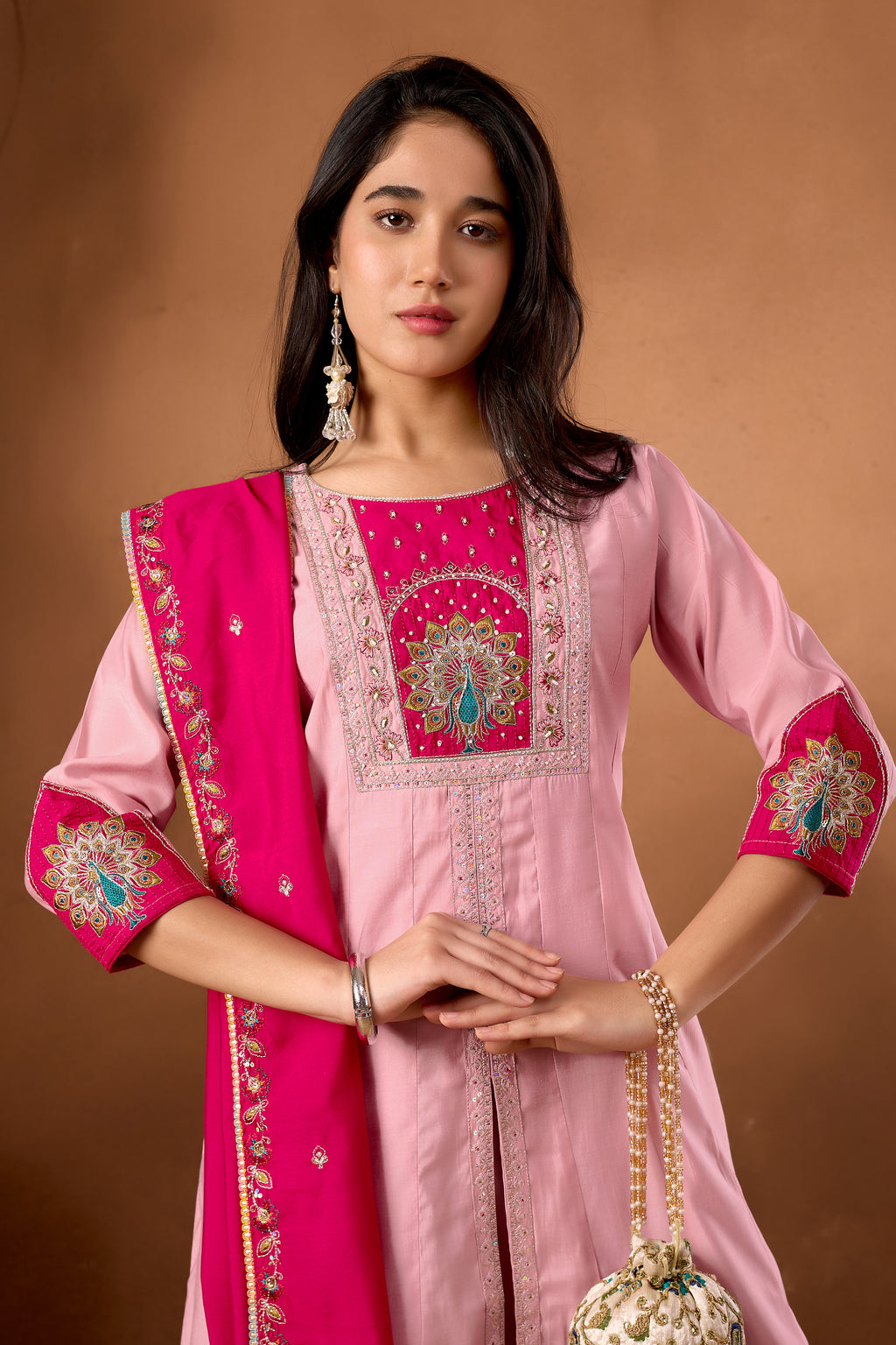 Silk Multi Thread Embroidered Kurti Palazzo With Dupatta