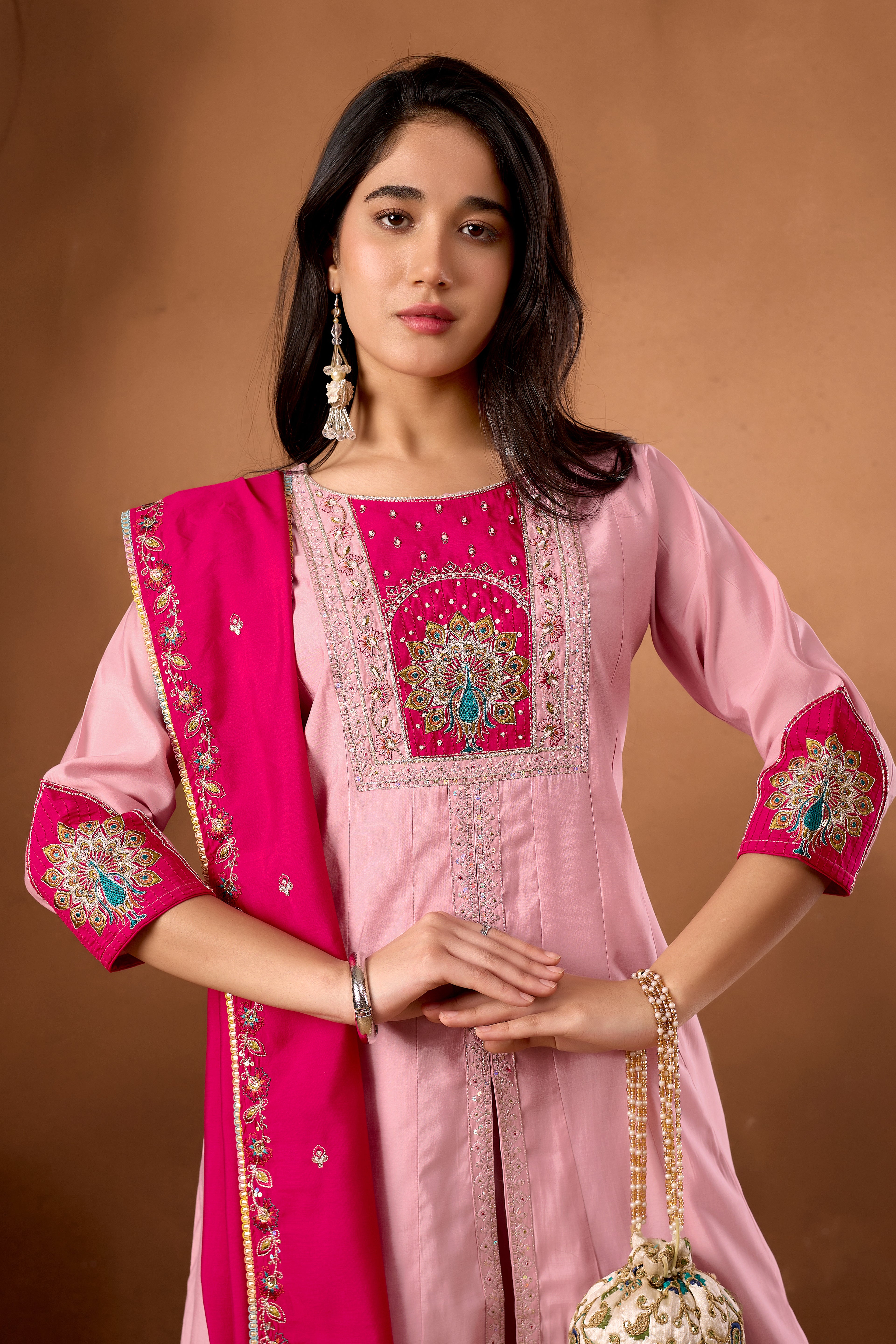 Silk Multi Thread Embroidered Kurti Palazzo With Dupatta