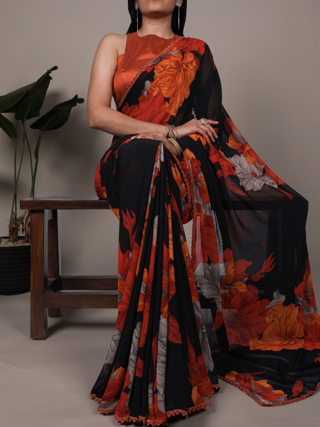 Marble Floral Printed Saree With Lace Border