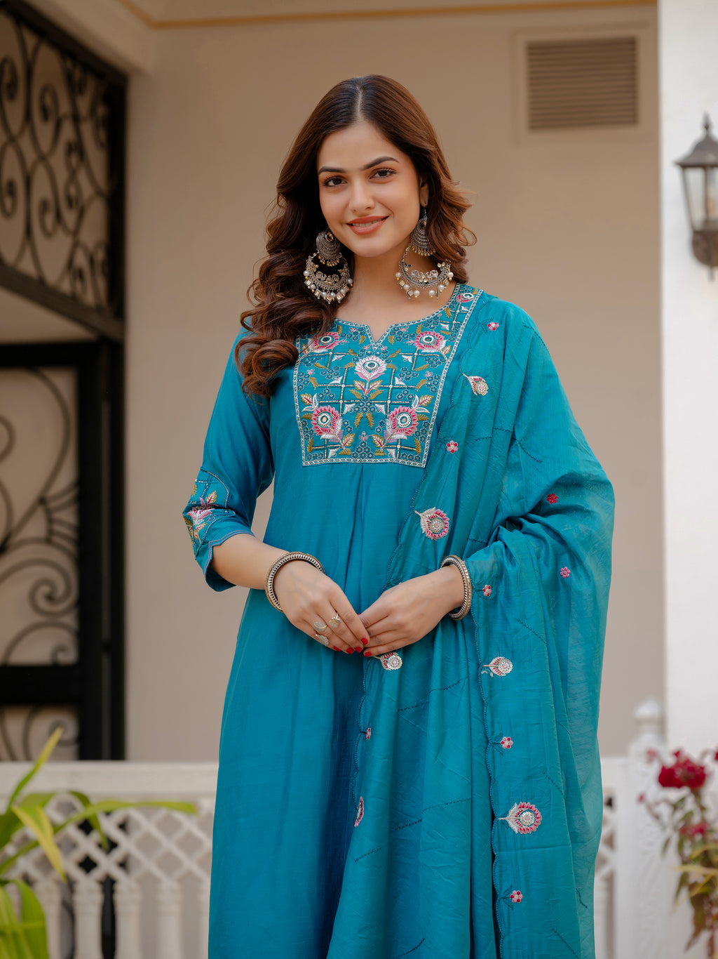 Pure Viscose Multi Embroidered kurti-Pant With Dupatta