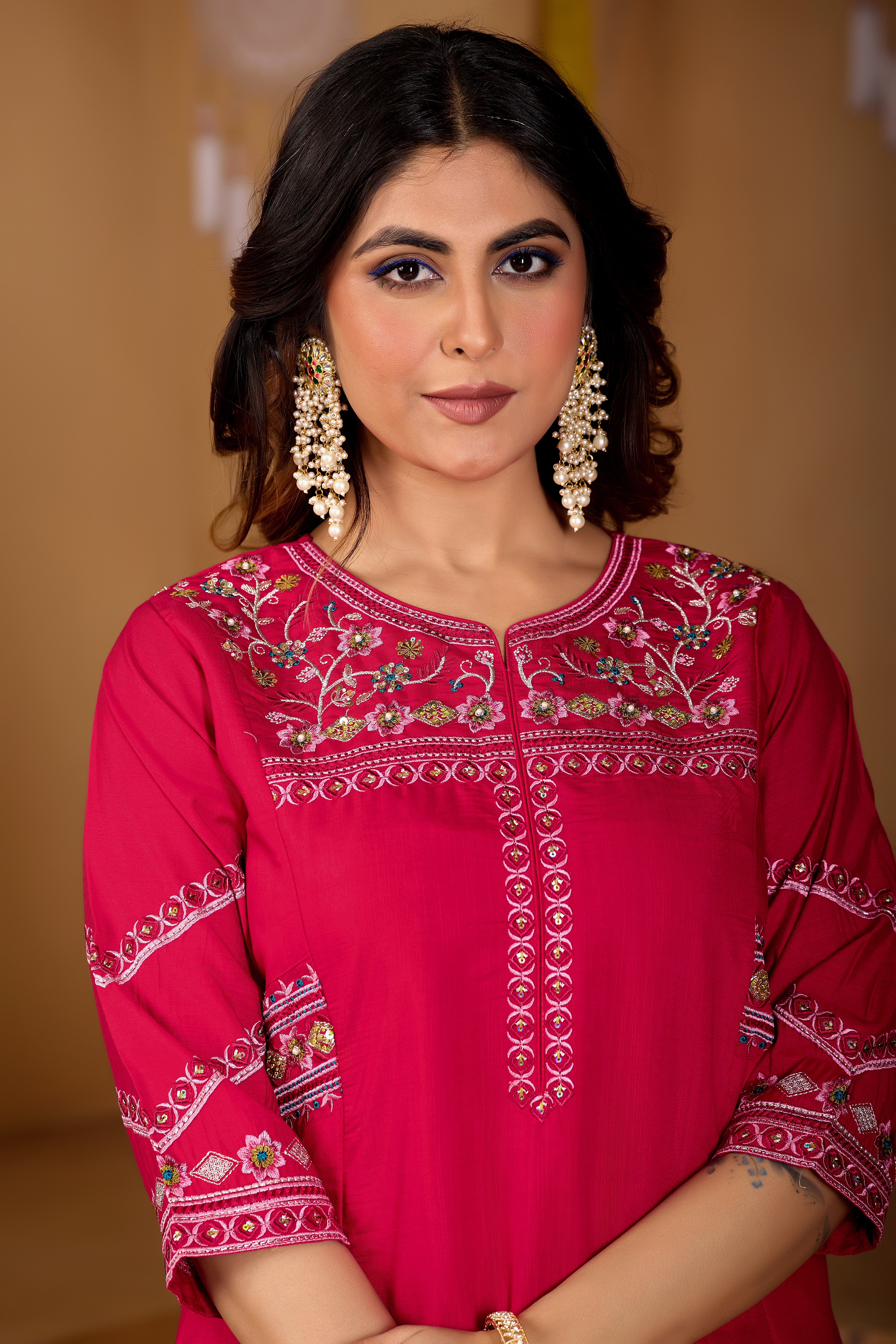 Viscose Multi Thread Embroidered Kurti Palazzo With Dupatta