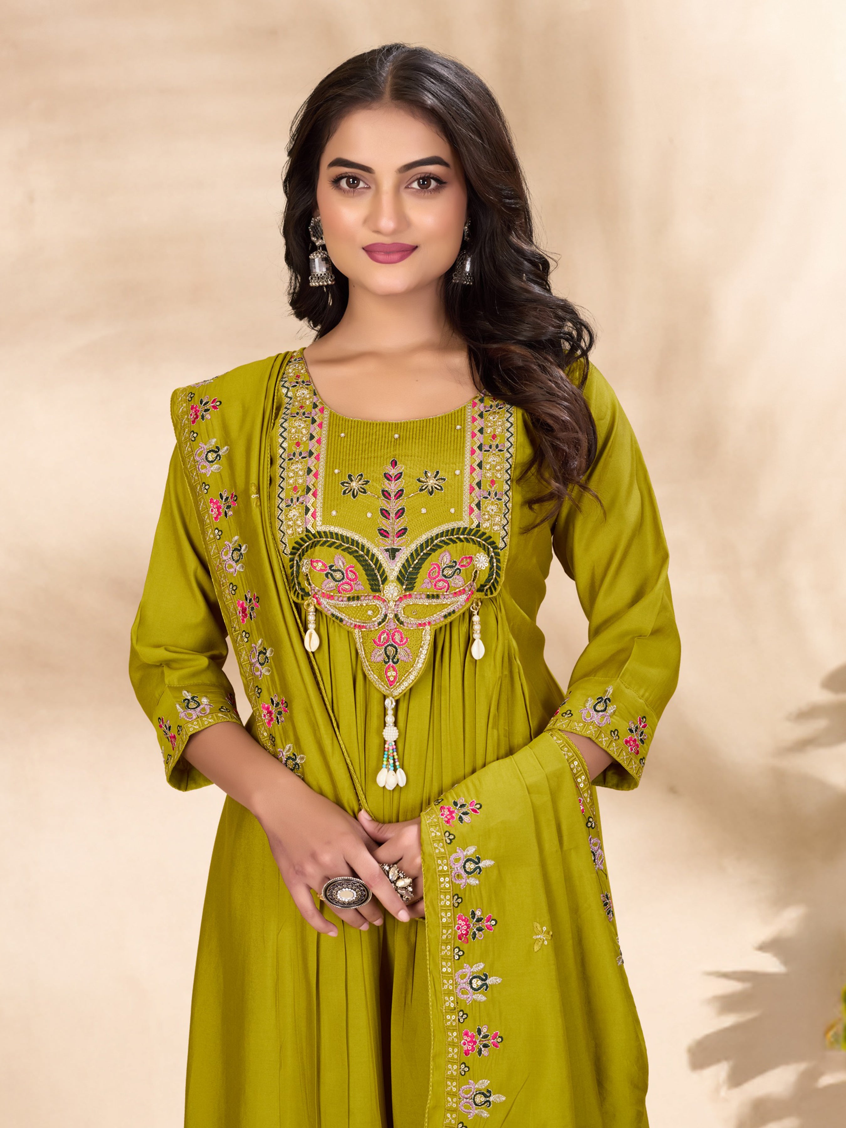 Roman Silk Embroidered Kurti-Pant With Dupatta
