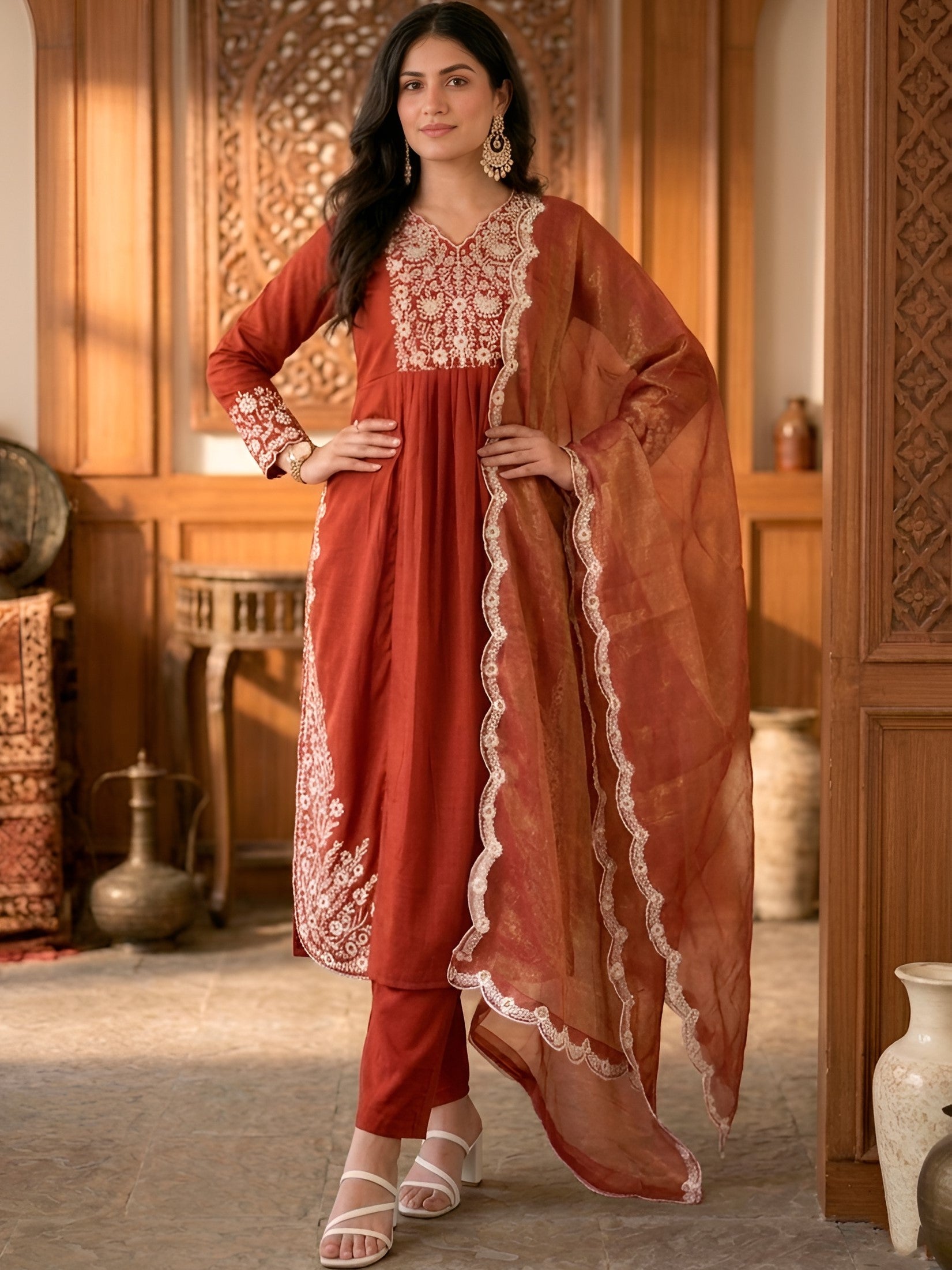 Cotton Thread Embroidered kurti-Pant With Dupatta