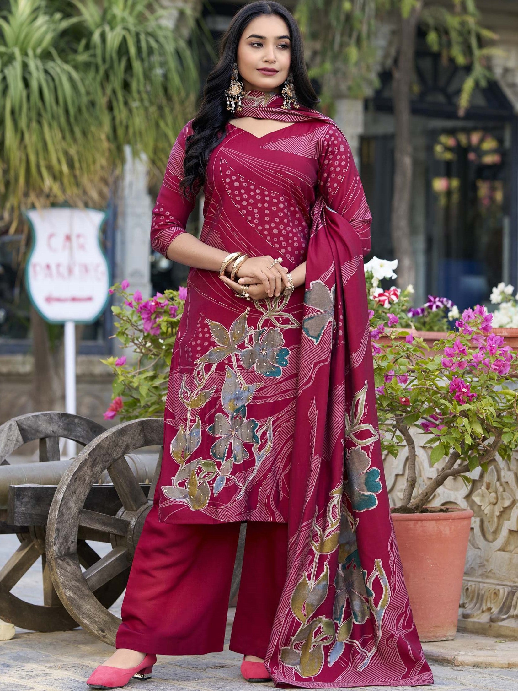 Roman Silk Floral Printed Kurti-Pant With Dupatta