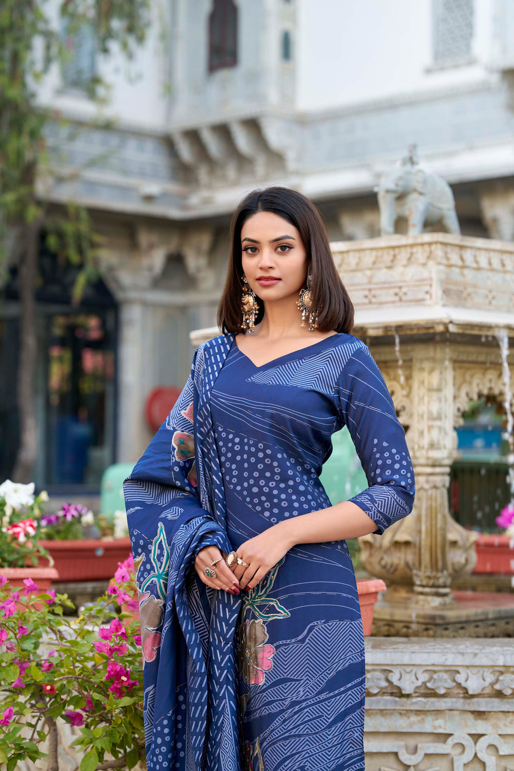 Roman Silk Floral Printed Kurti-Pant With Dupatta