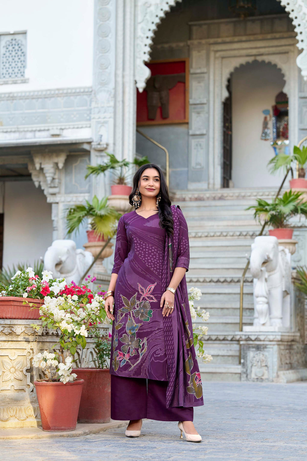 Roman Silk Floral Printed Kurti-Pant With Dupatta