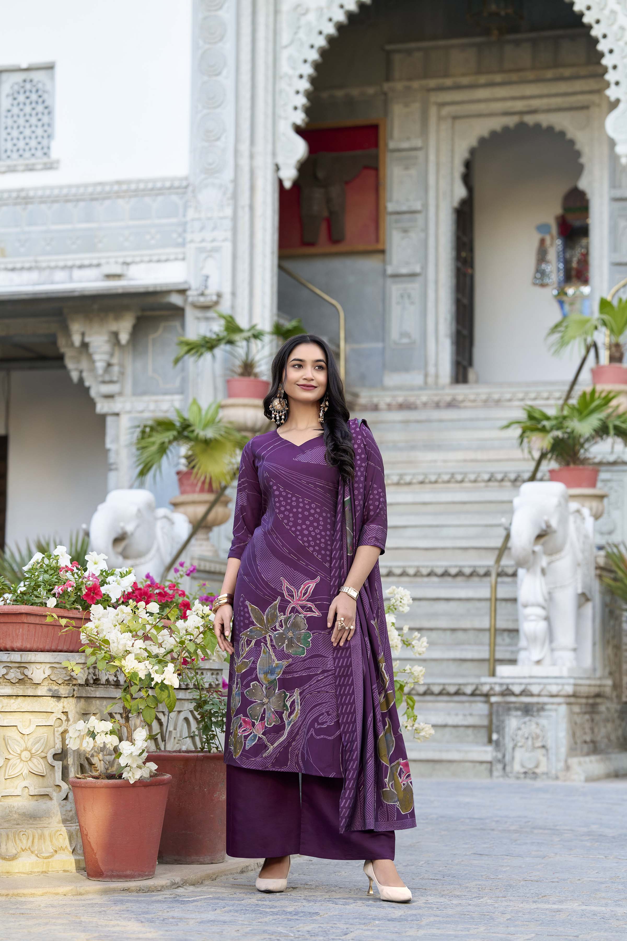 Roman Silk Floral Printed Kurti-Pant With Dupatta
