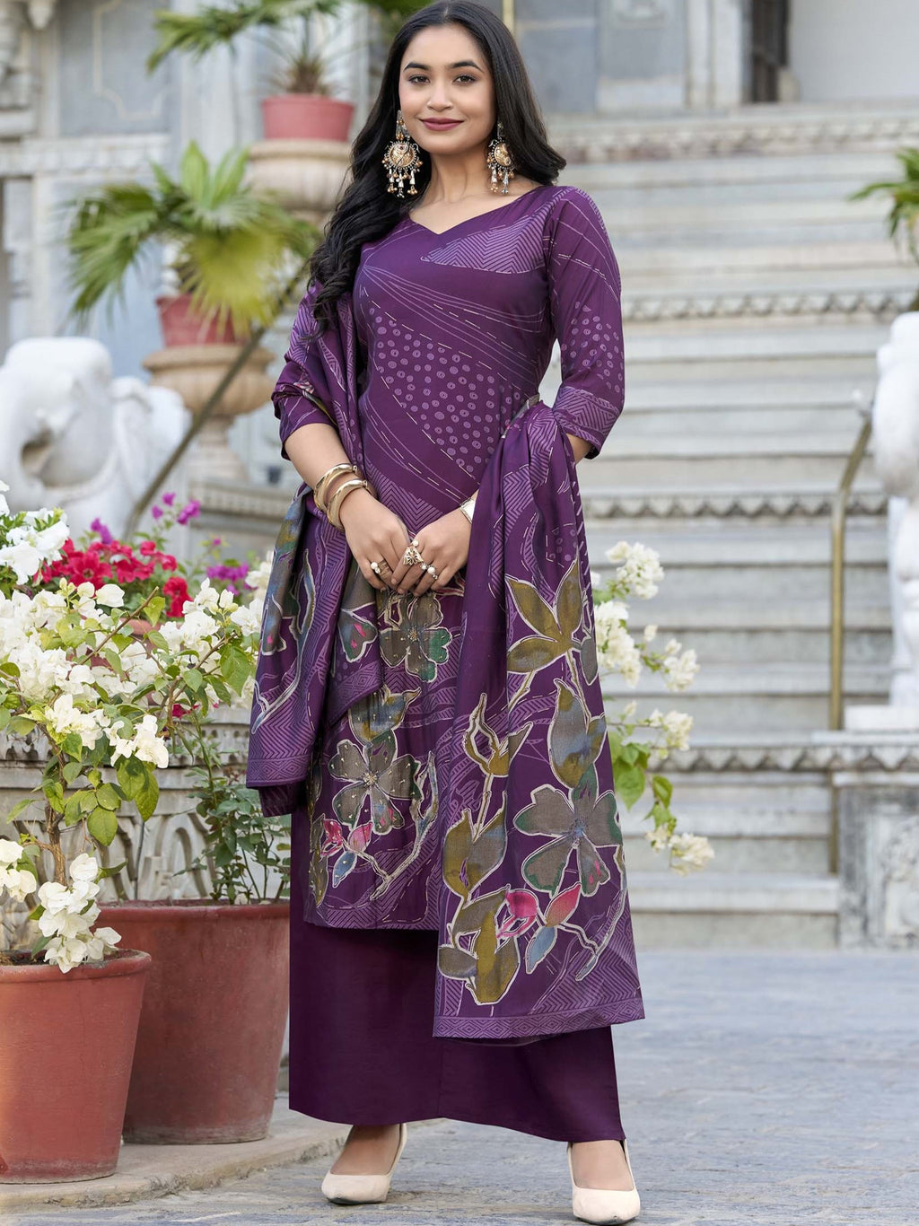 Roman Silk Floral Printed Kurti-Pant With Dupatta