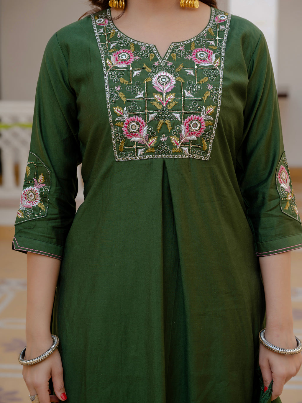 Pure Viscose Multi Embroidered kurti-Pant With Dupatta