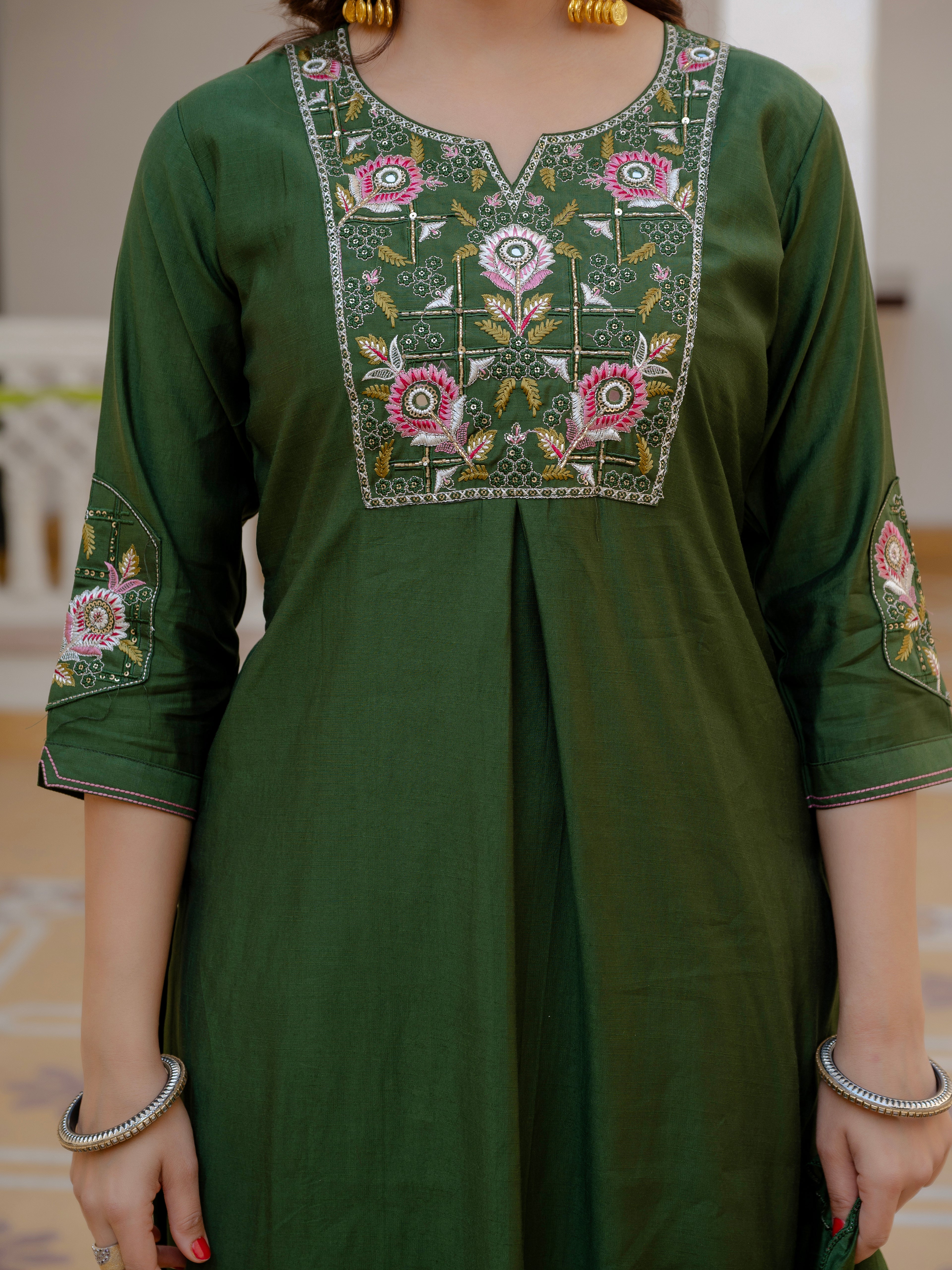 Pure Viscose Multi Embroidered kurti-Pant With Dupatta
