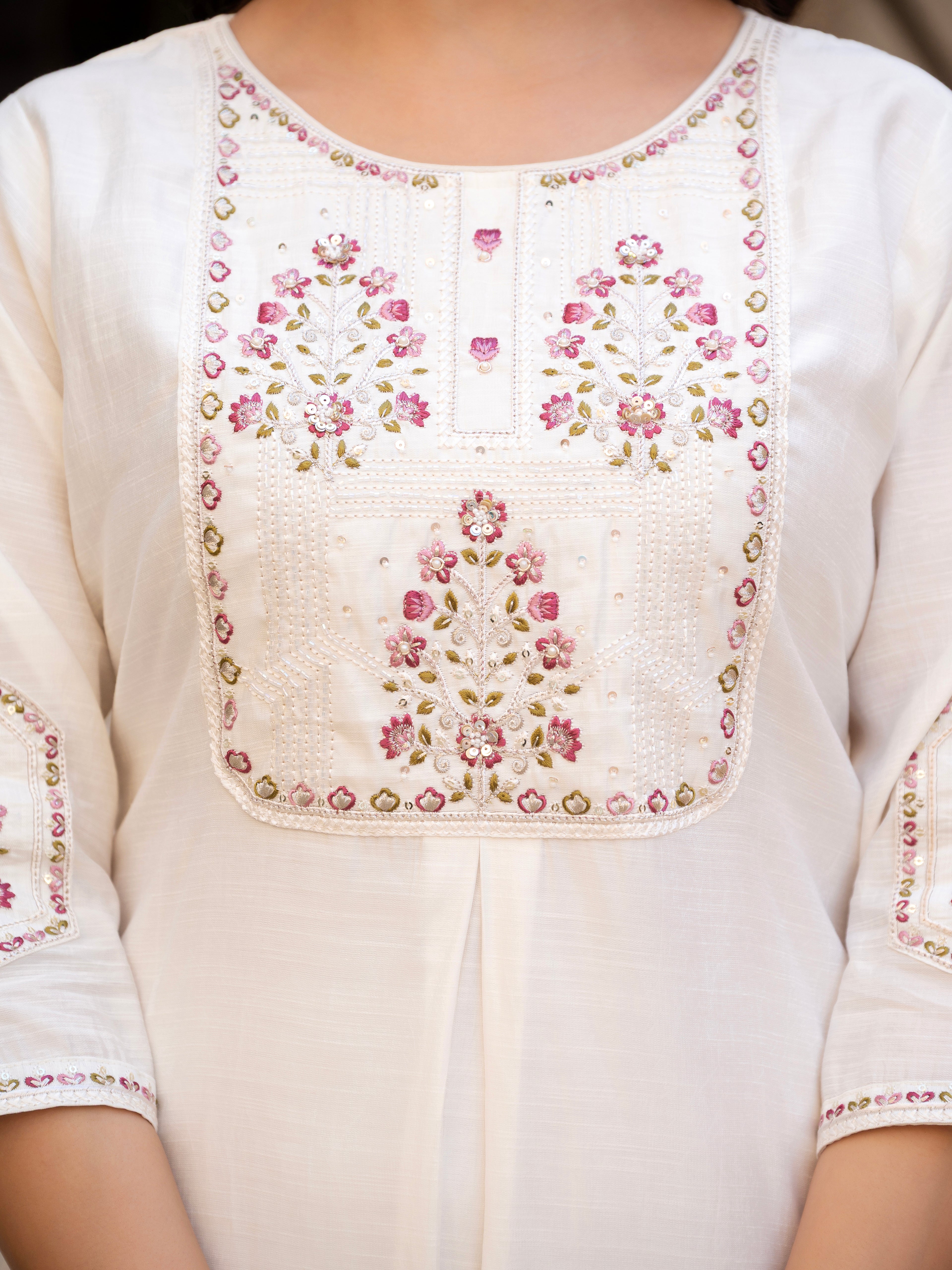 Pure Viscose Multi Embroidered kurti-Pant With Dupatta