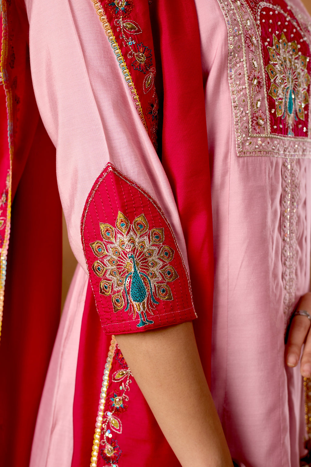 Silk Multi Thread Embroidered Kurti Palazzo With Dupatta