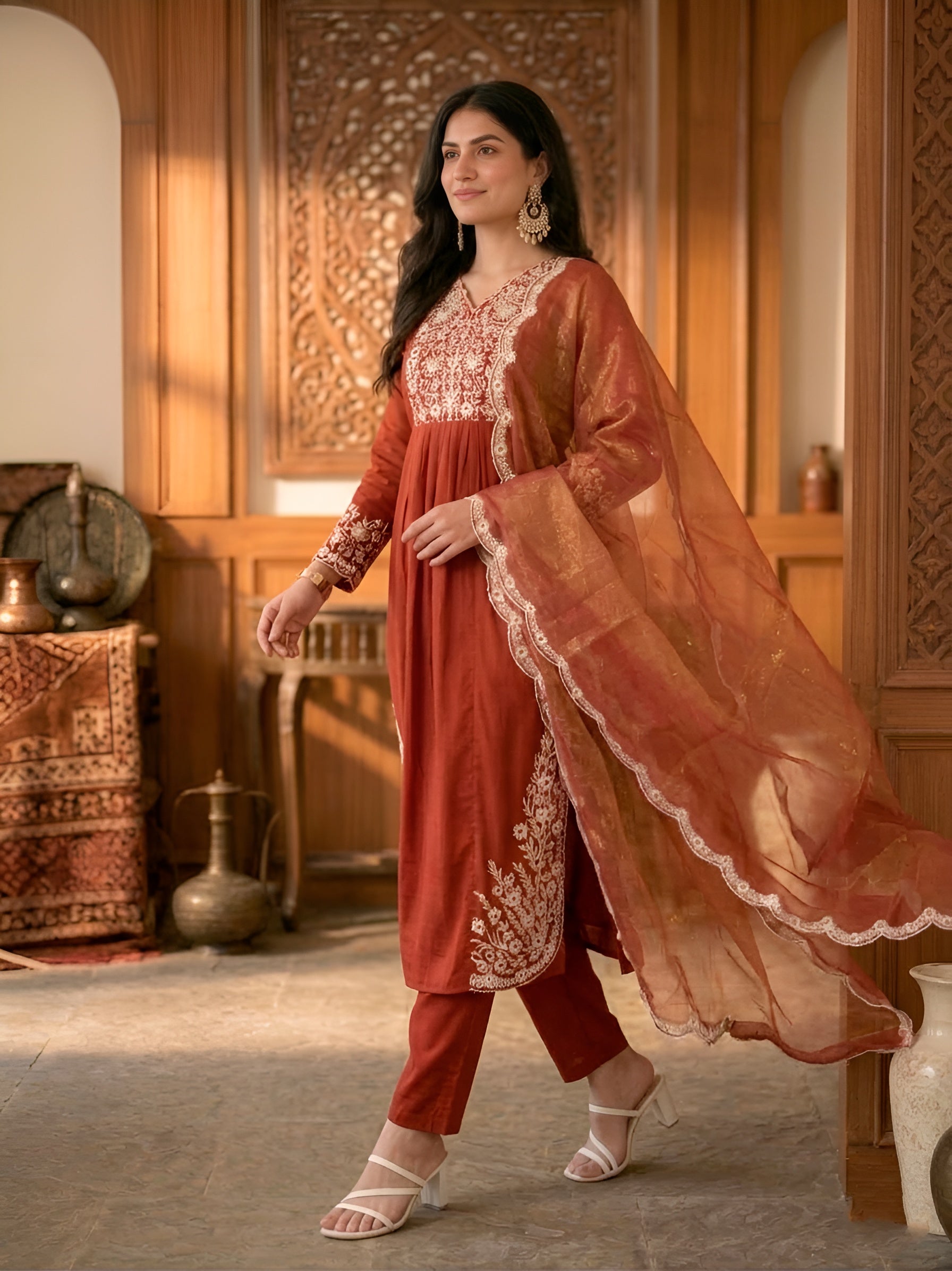 Cotton Thread Embroidered kurti-Pant With Dupatta