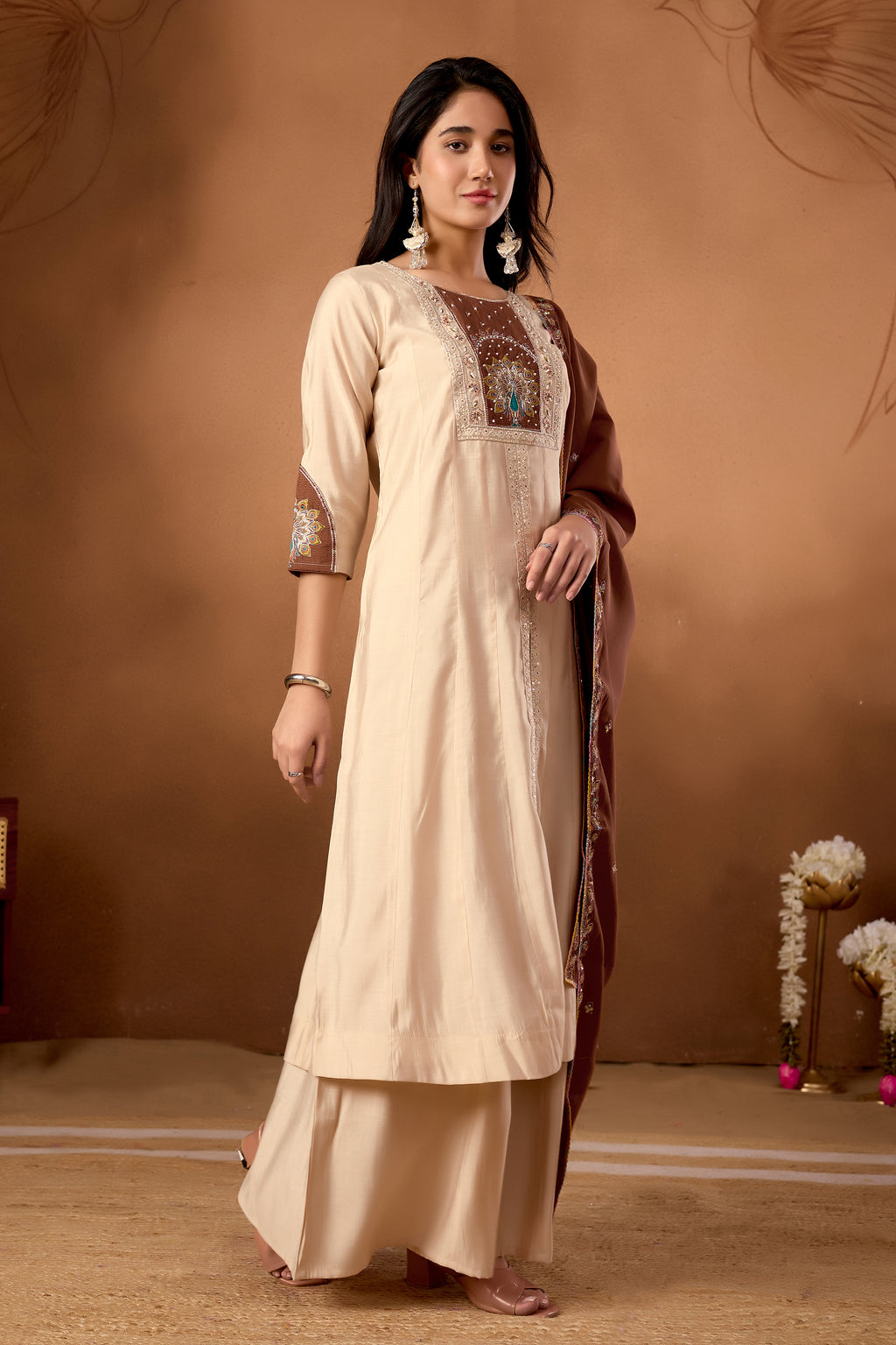 Silk Multi Thread Embroidered Kurti Palazzo With Dupatta