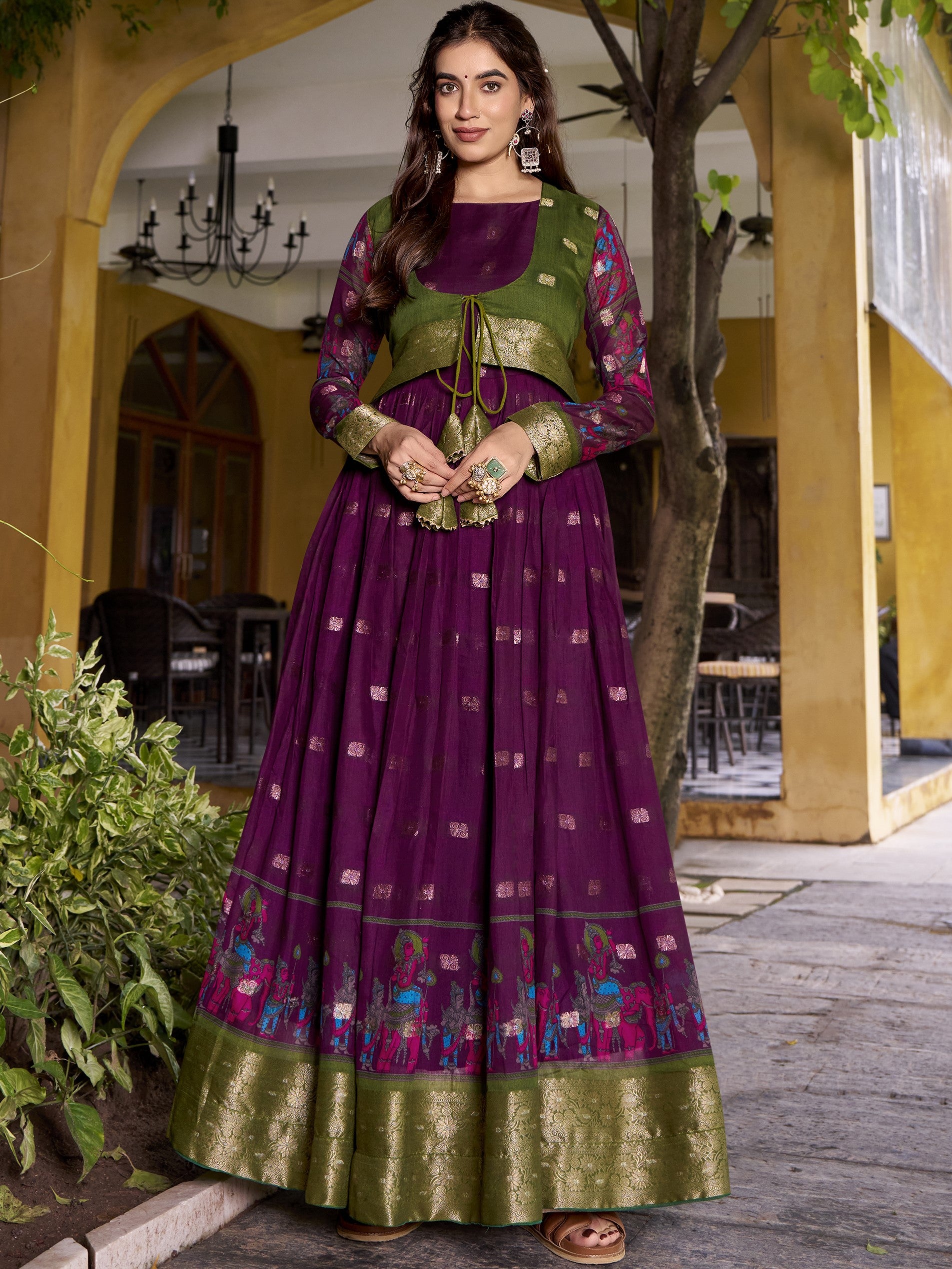 Kalamkari Zari Weaving Printed Gown With Koti