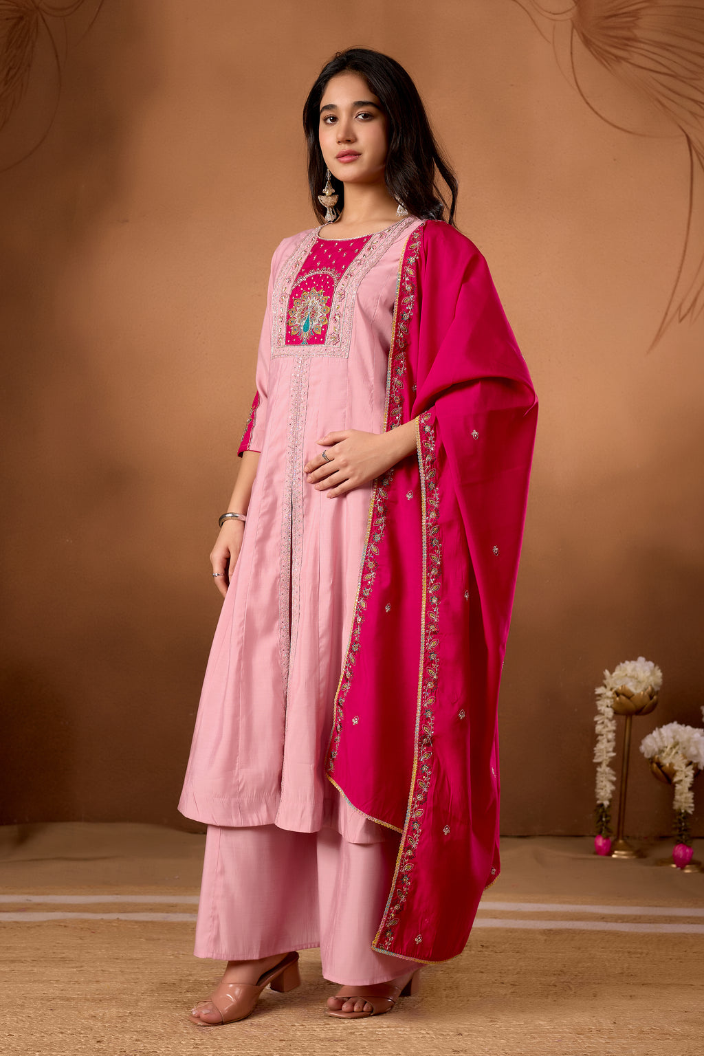 Silk Multi Thread Embroidered Kurti Palazzo With Dupatta