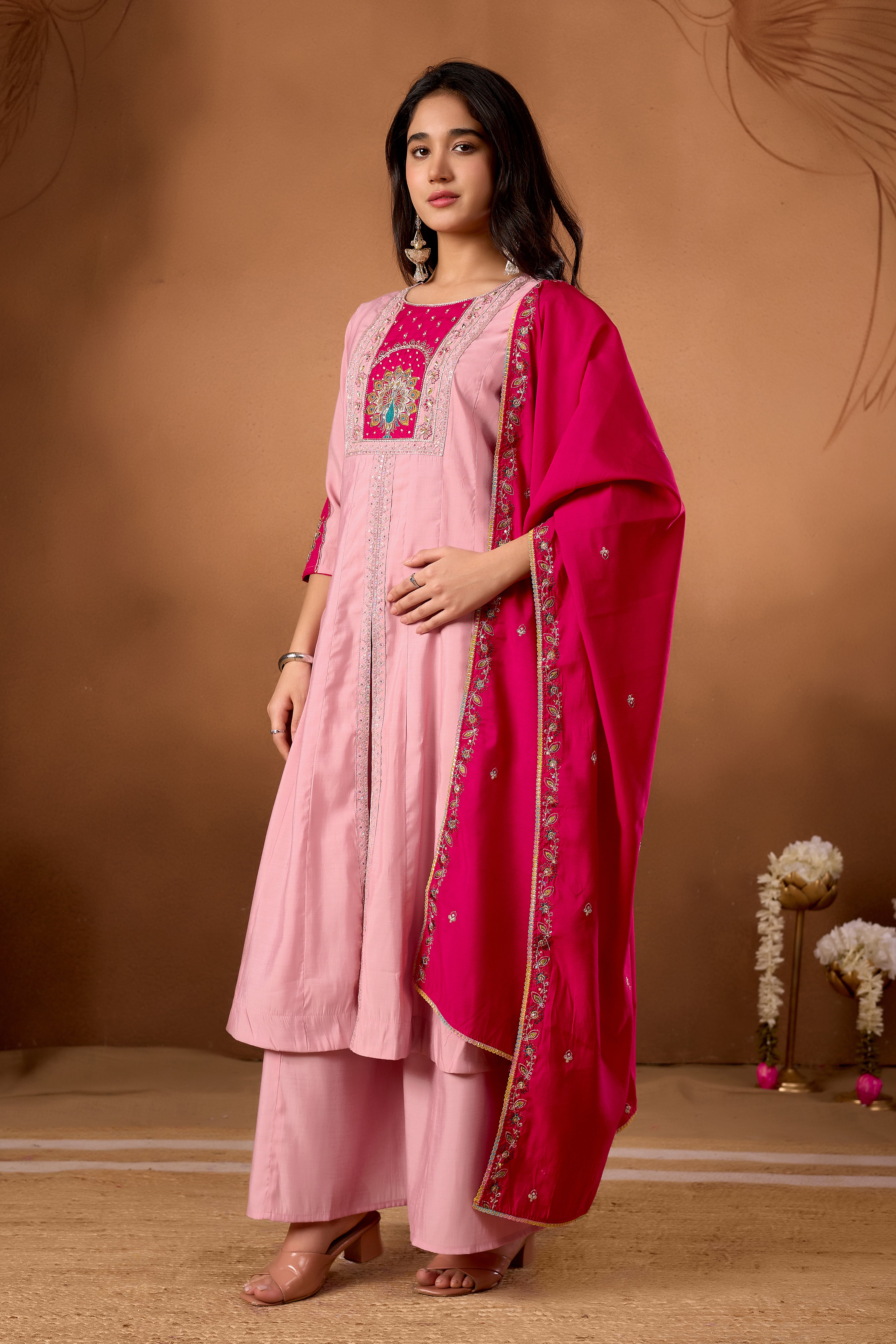 Silk Multi Thread Embroidered Kurti Palazzo With Dupatta