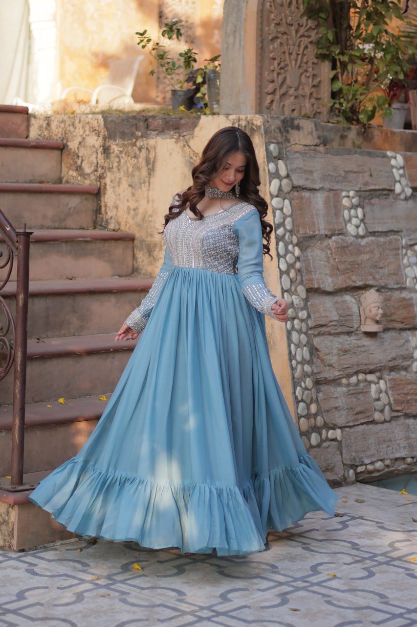 Star Georgette Embroidered Gown With Dupatta