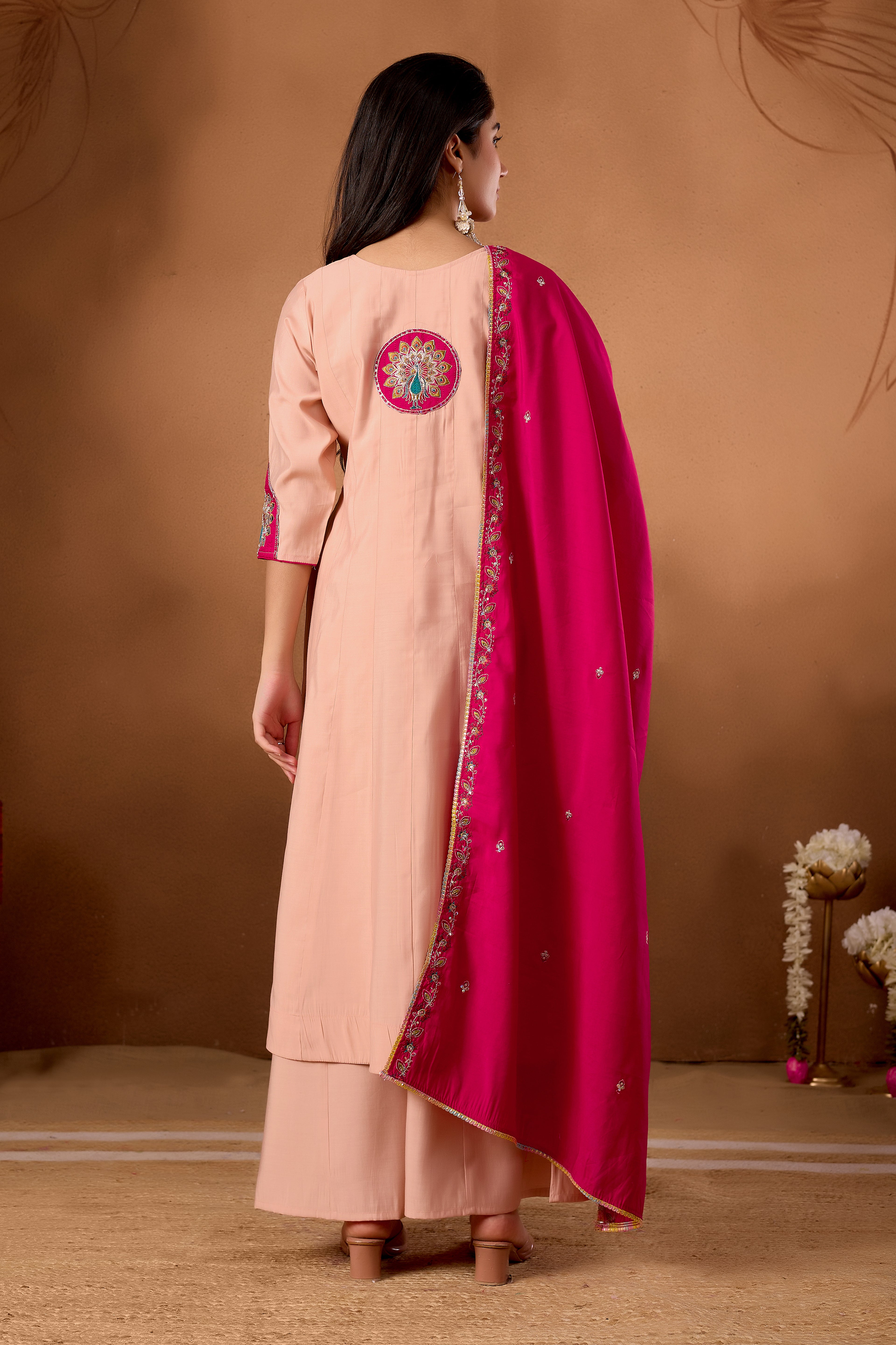 Silk Multi Thread Embroidered Kurti Palazzo With Dupatta