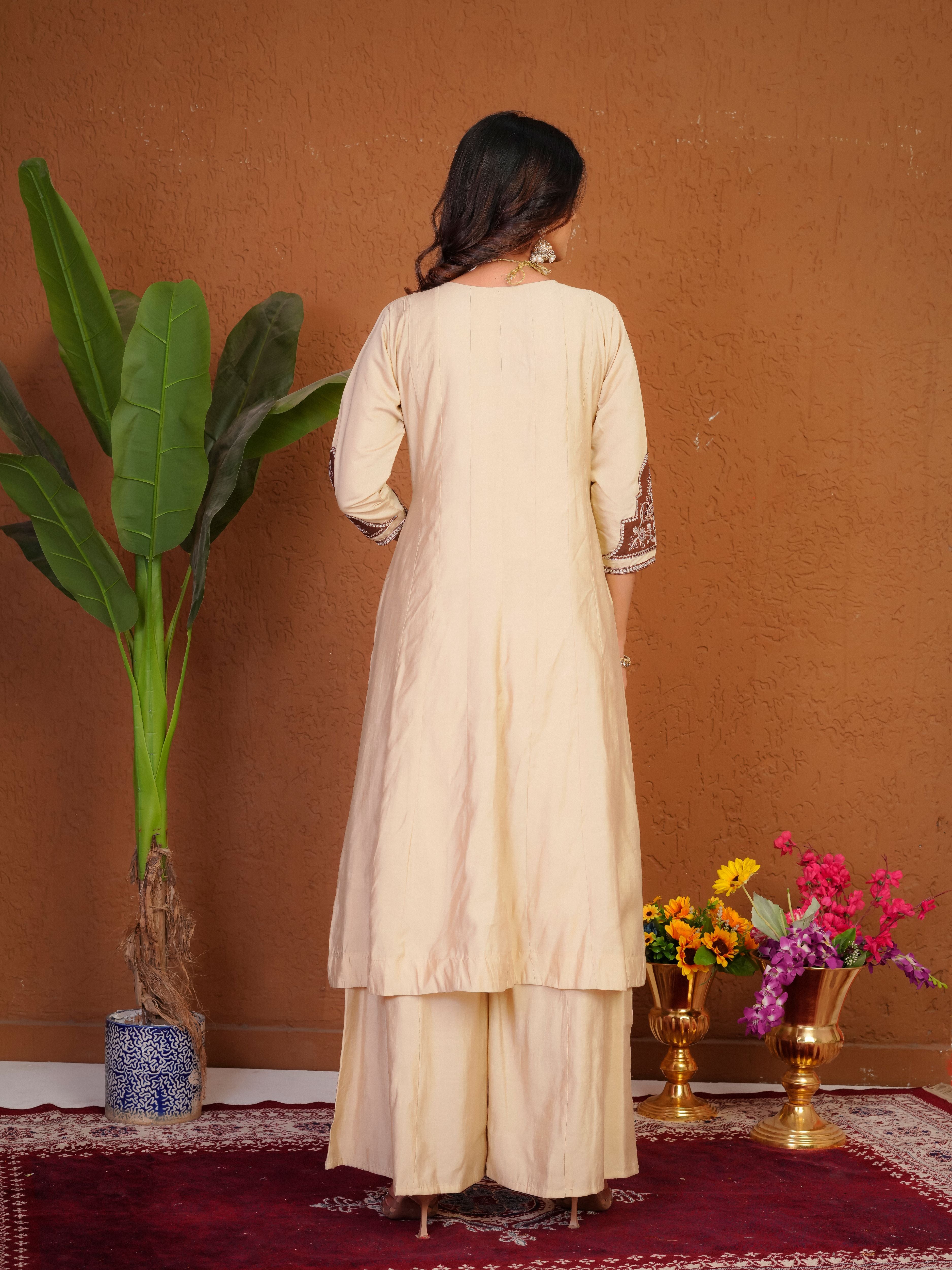 Roman Silk Embroidered Kurti Palazzo With Dupatta