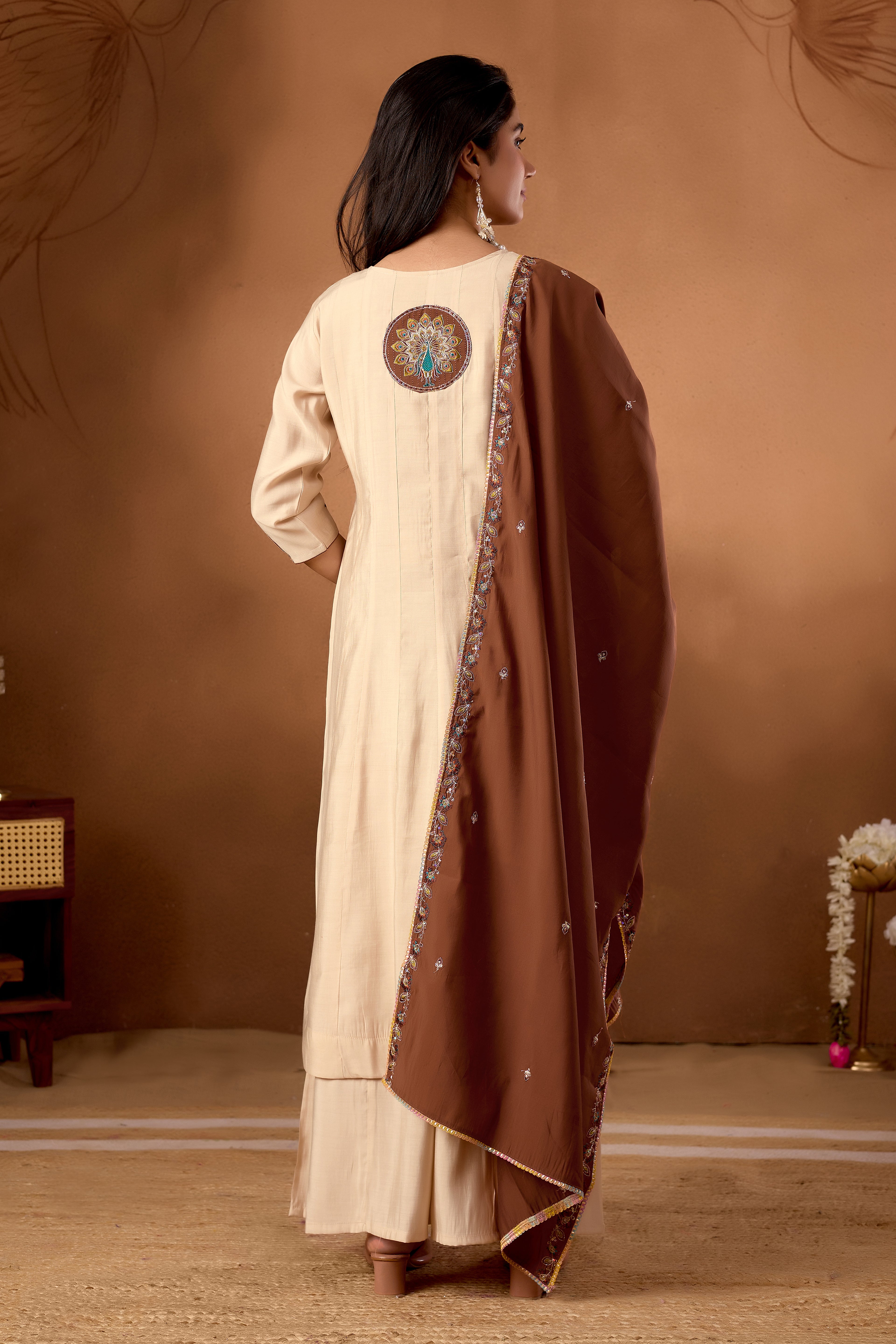 Silk Multi Thread Embroidered Kurti Palazzo With Dupatta