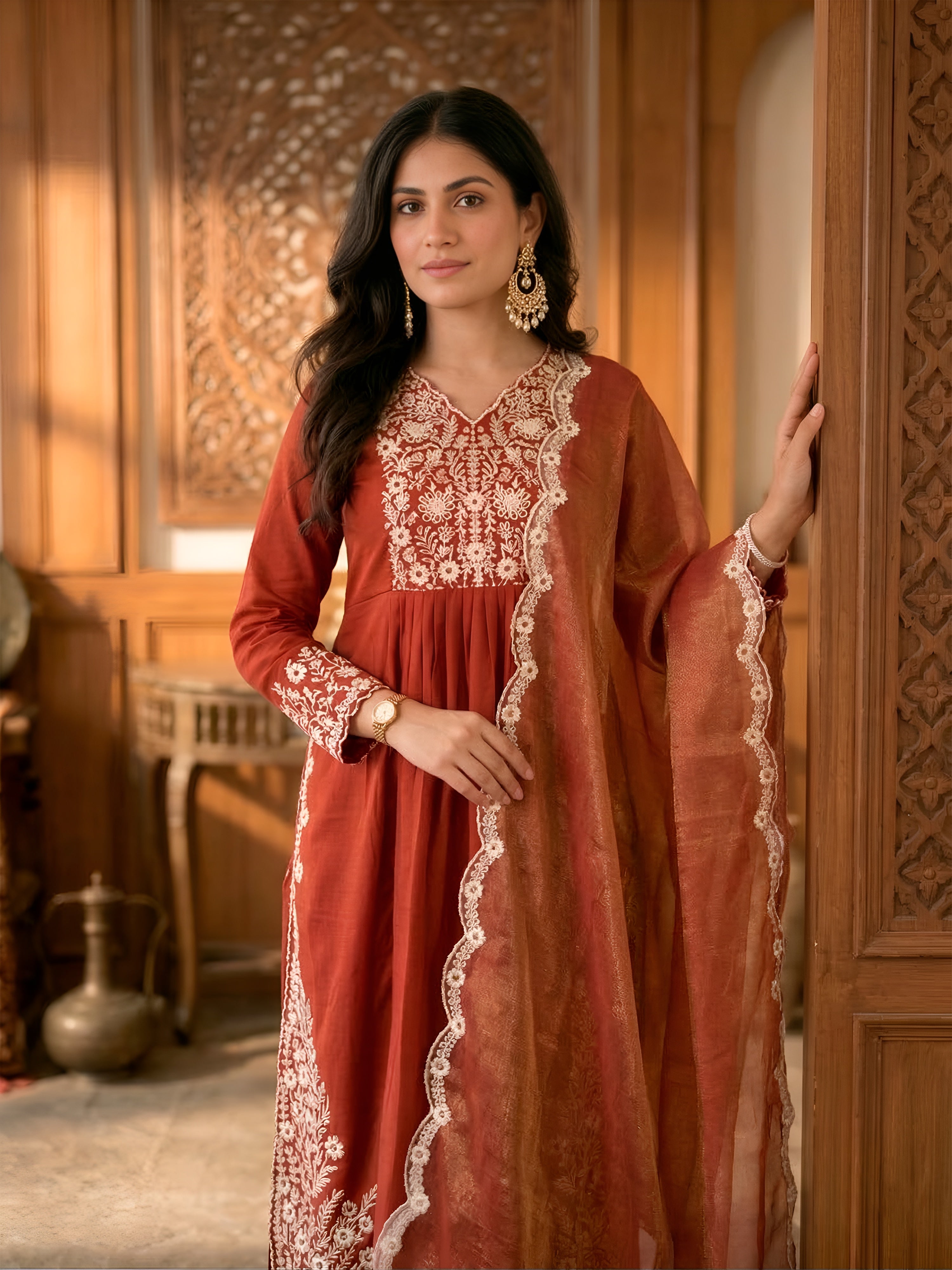 Cotton Thread Embroidered kurti-Pant With Dupatta