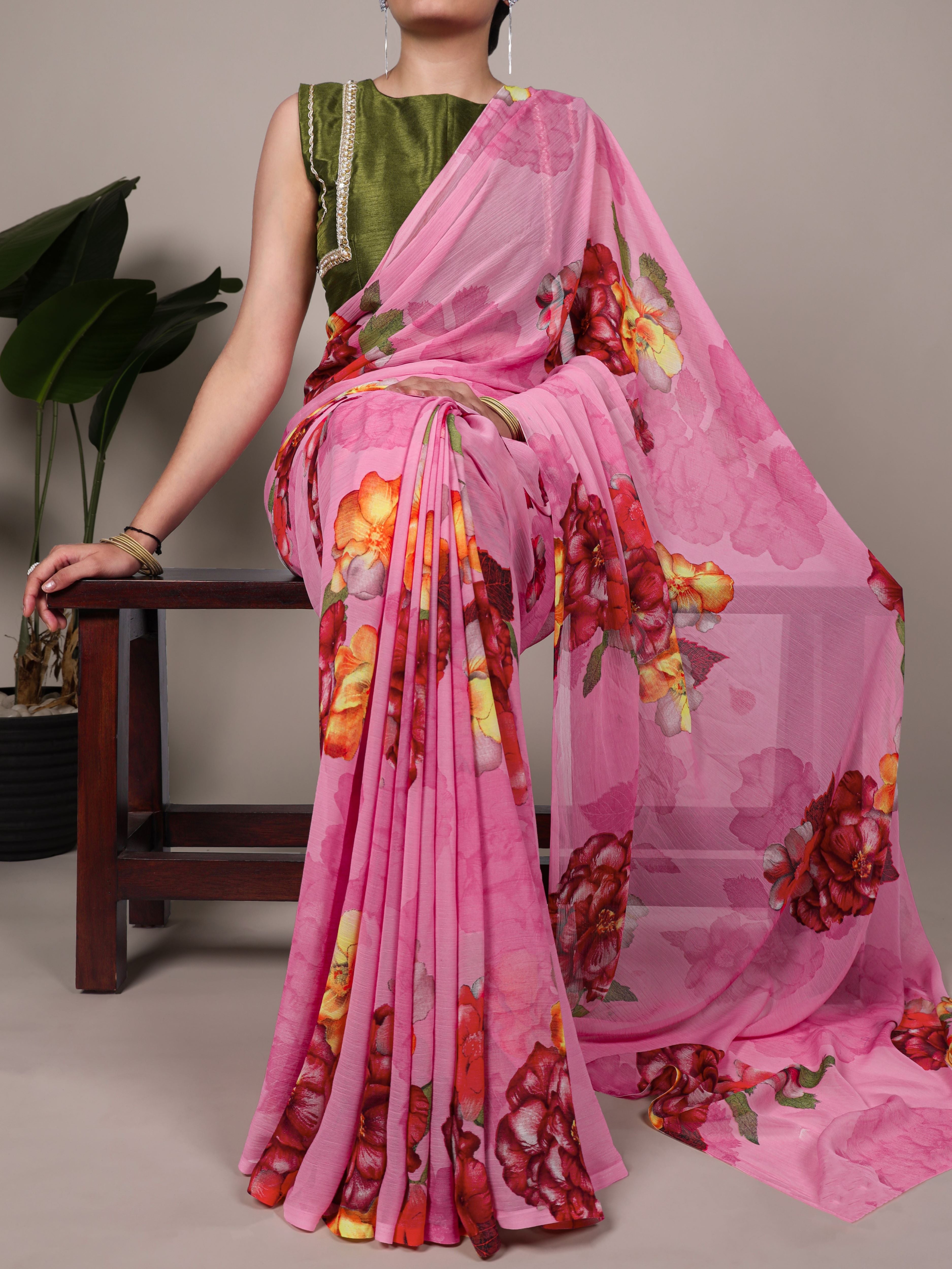 Chiffon Floral Printed Saree For Women