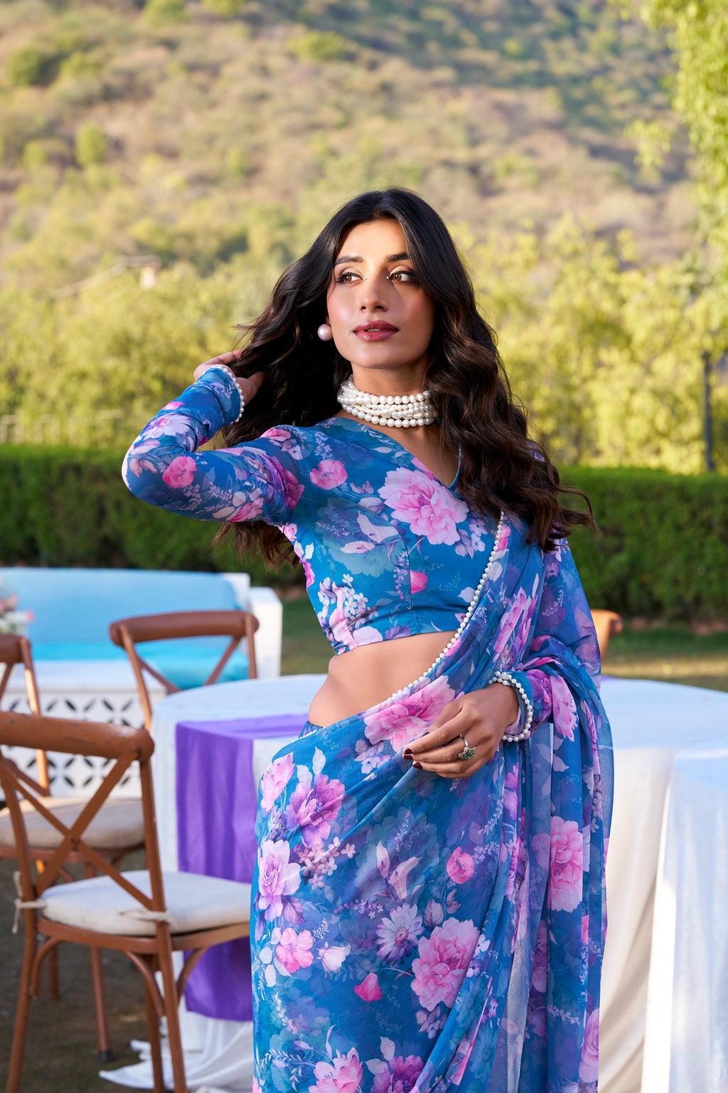 Weightless Marble Printed Saree With Pearl Lace Border