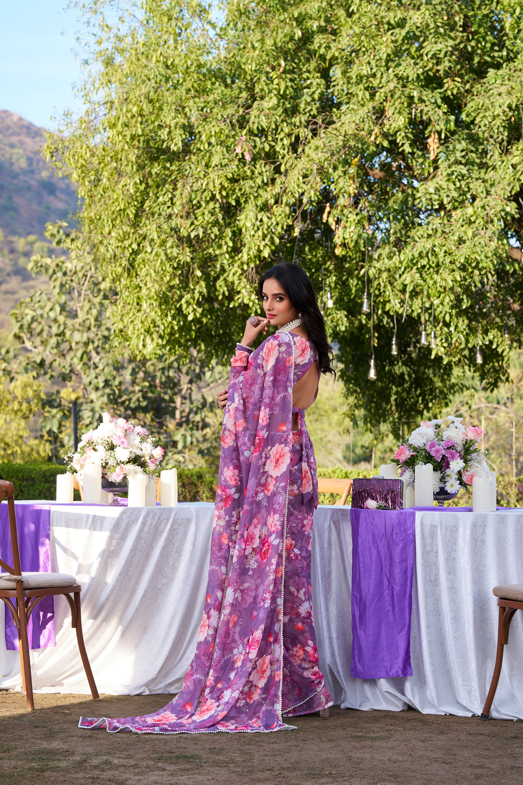 Weightless Marble Printed Saree With Pearl Lace Border