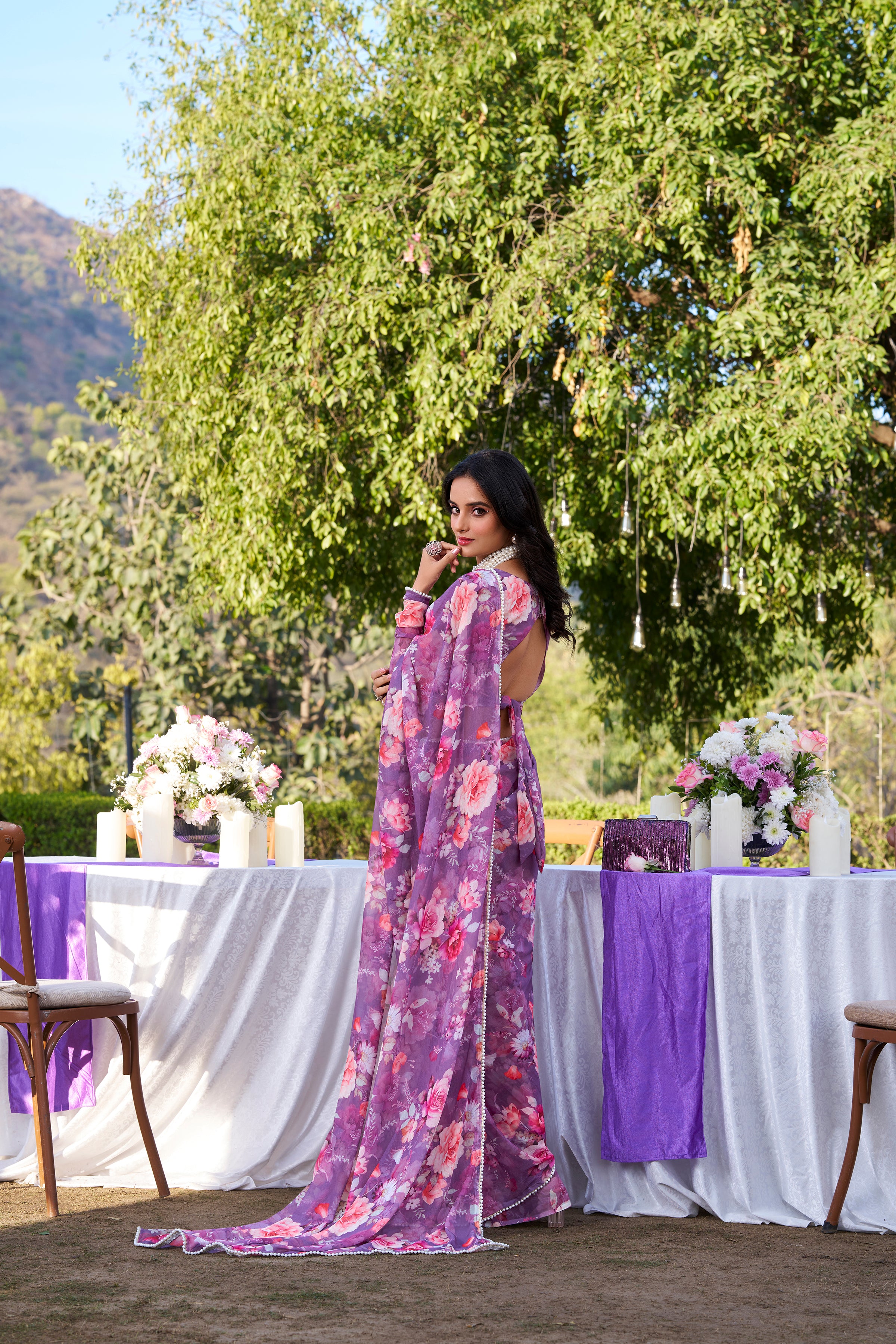 Weightless Marble Printed Saree With Pearl Lace Border