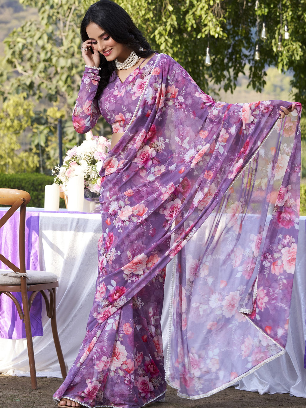 Weightless Marble Printed Saree With Pearl Lace Border