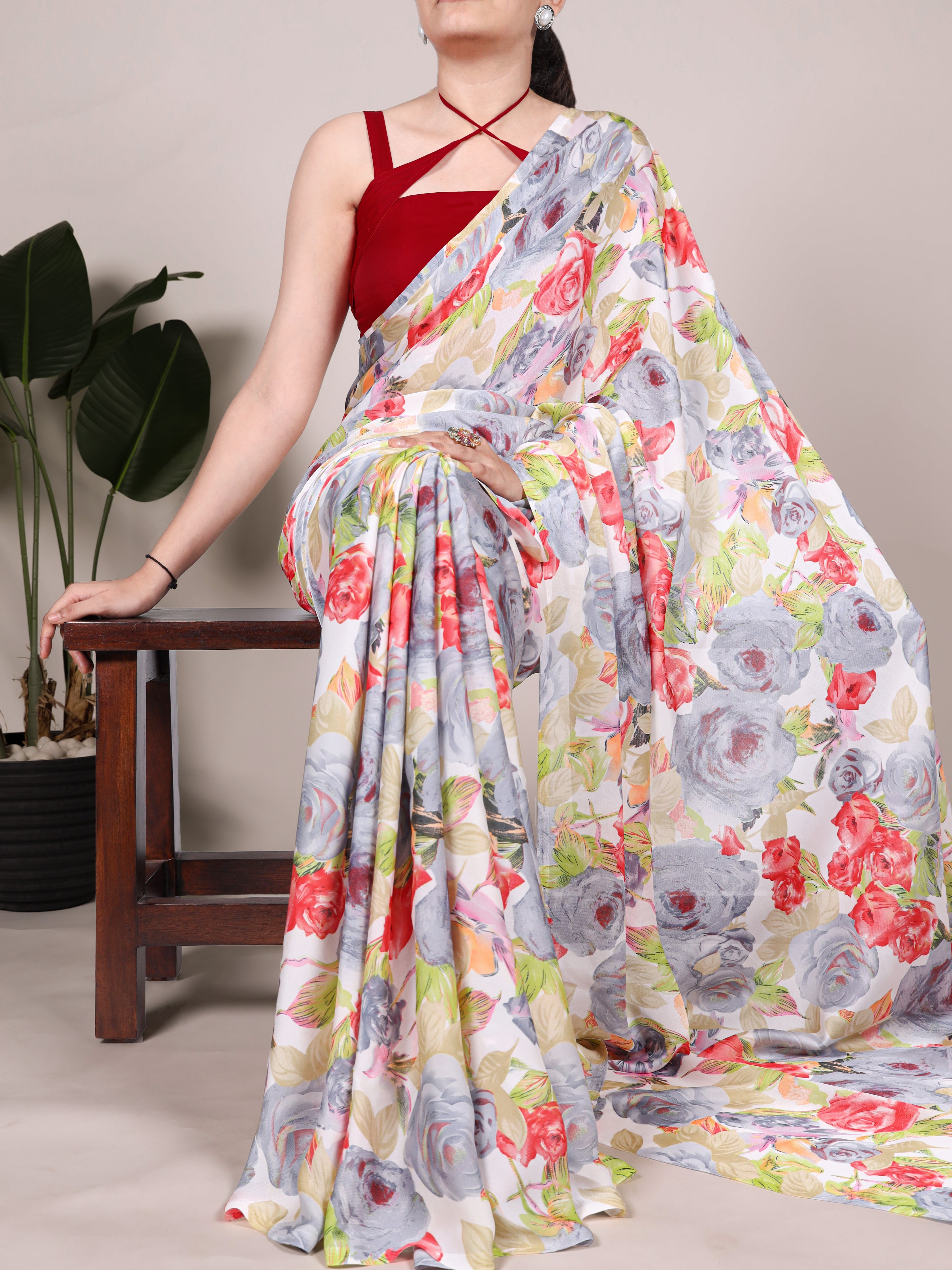 Dull Satin Floral Printed Saree