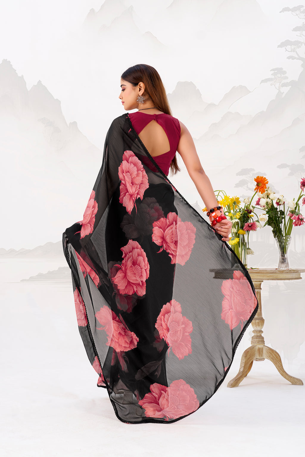 Chiffon Floral Printed Saree With Lace Border
