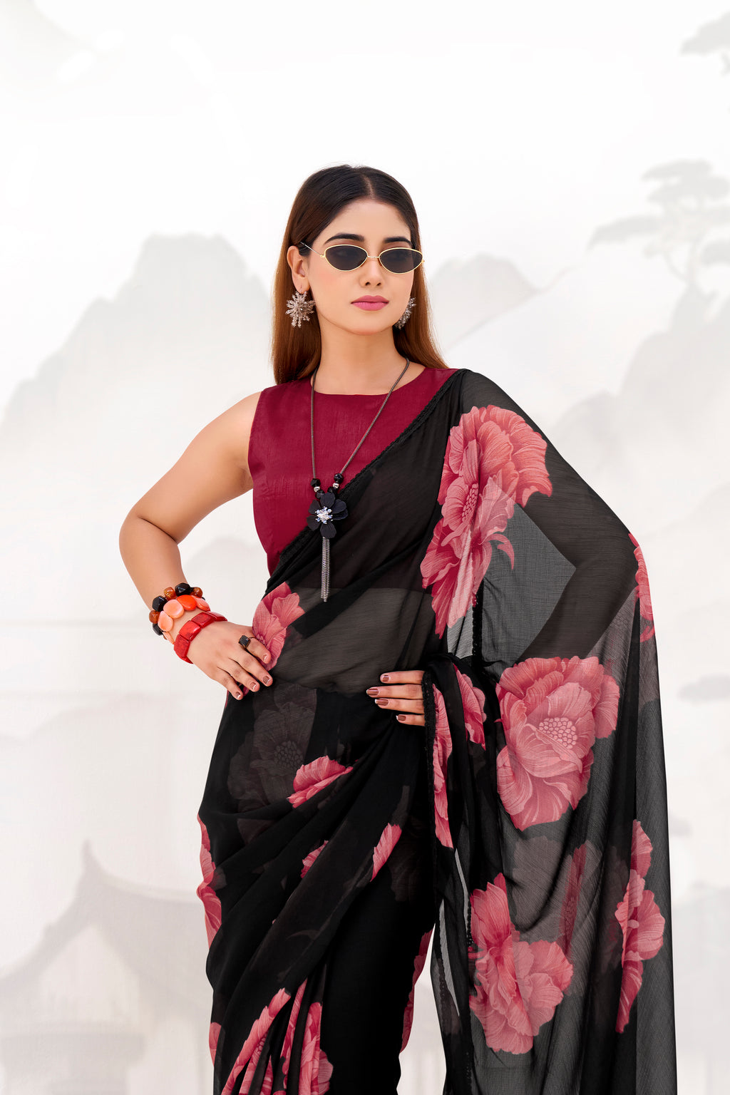 Chiffon Floral Printed Saree With Lace Border