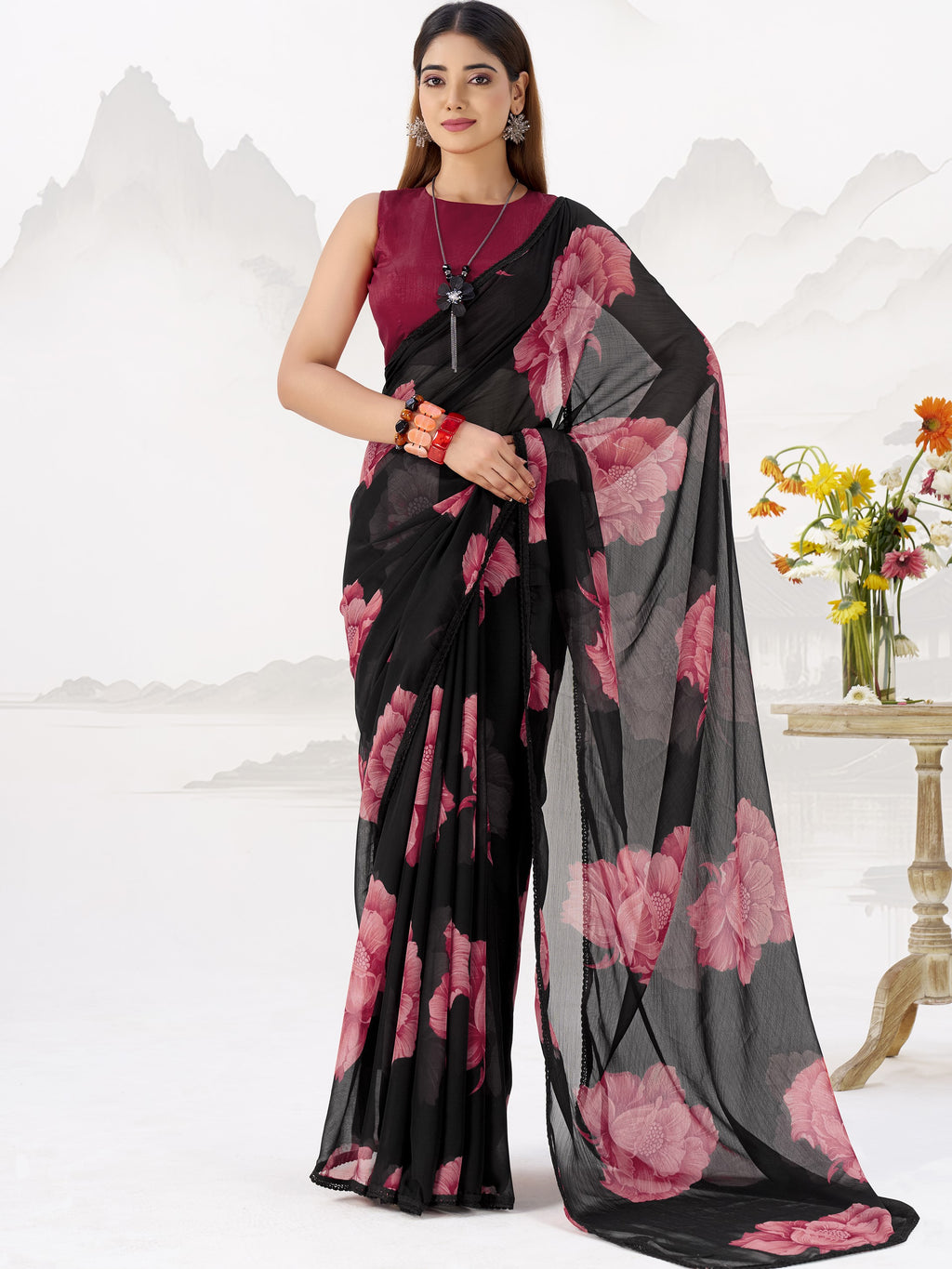 Chiffon Floral Printed Saree With Lace Border