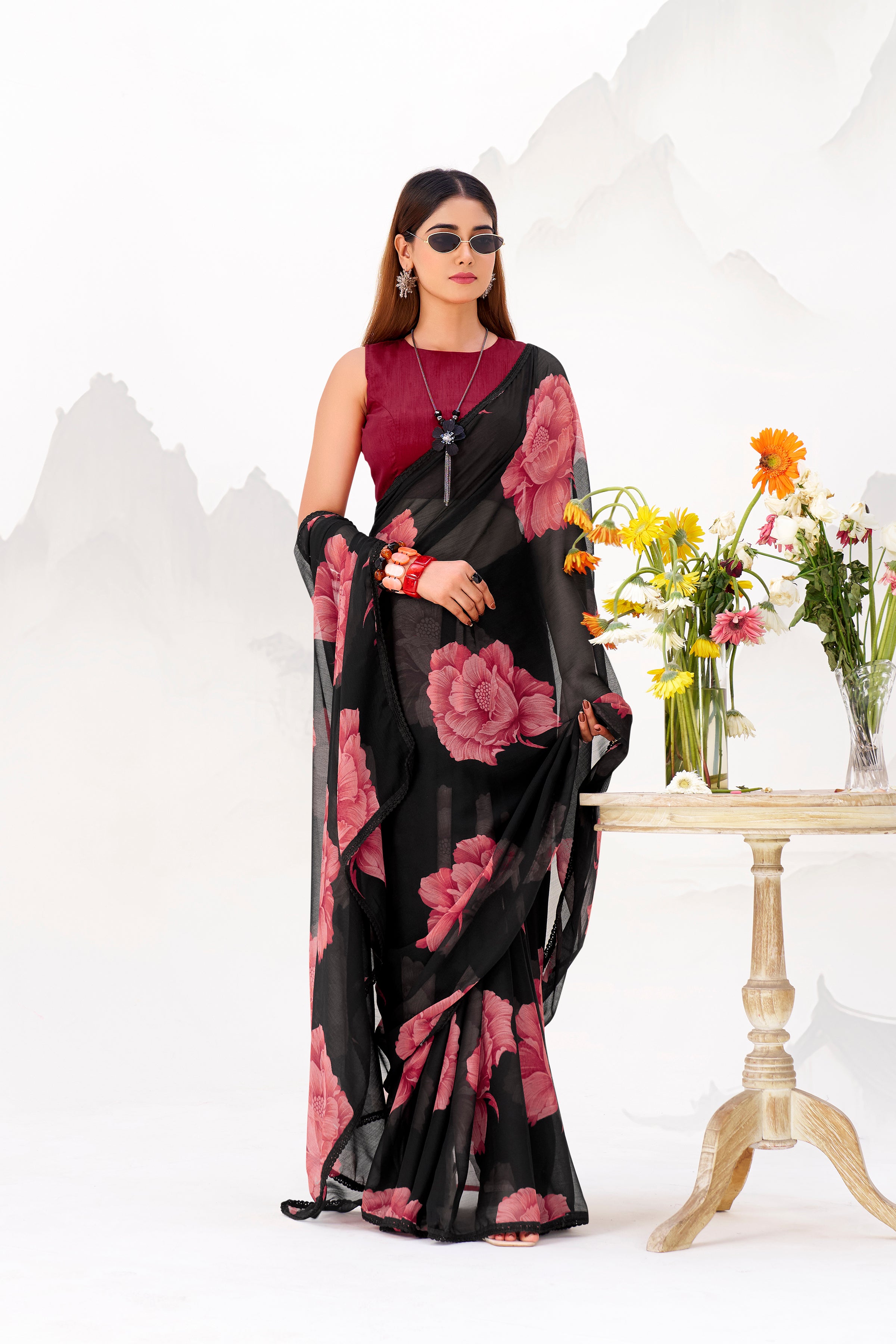 Chiffon Floral Printed Saree With Lace Border