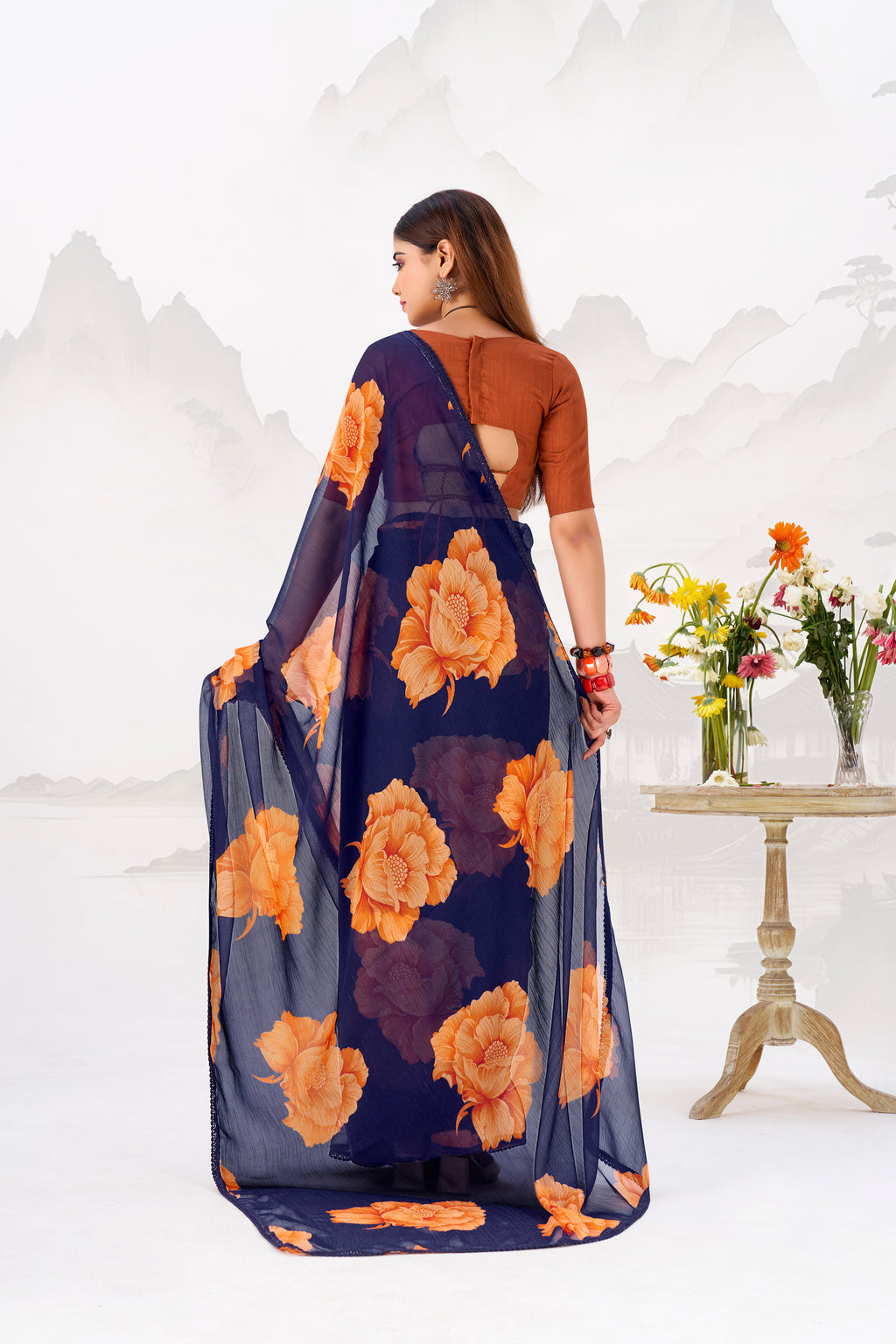 Chiffon Floral Printed Saree With Lace Border